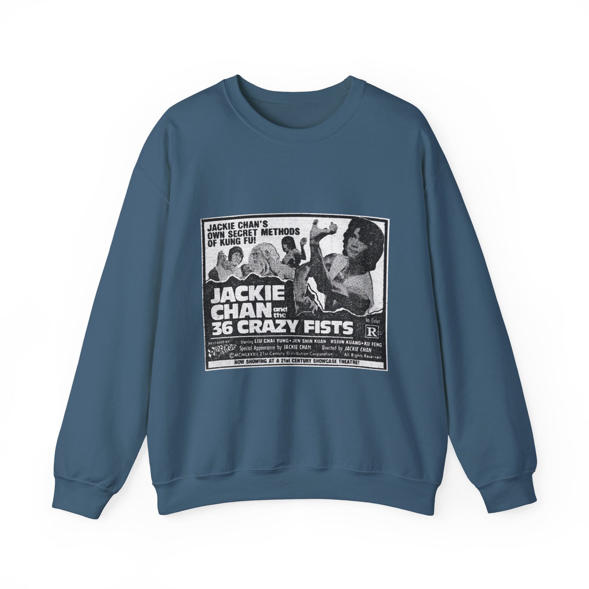 Blue sweatshirt with Jackie Chan '36 Crazy Fists' graphic on a white background