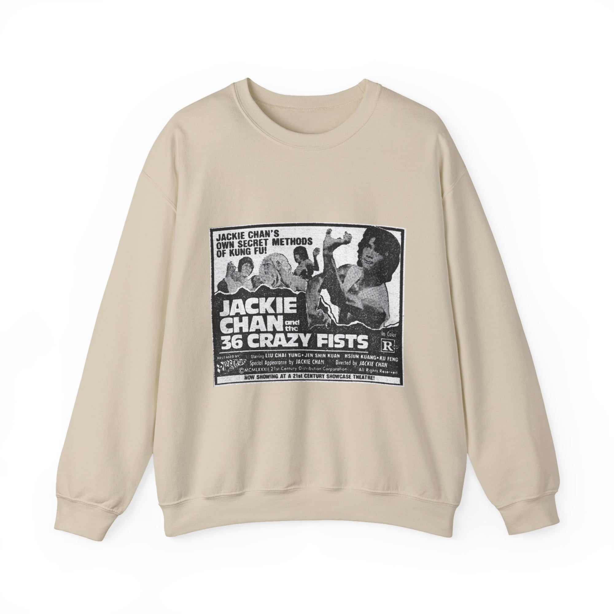 Beige sweatshirt with a graphic design of '36 Crazy Fists' movie poster 