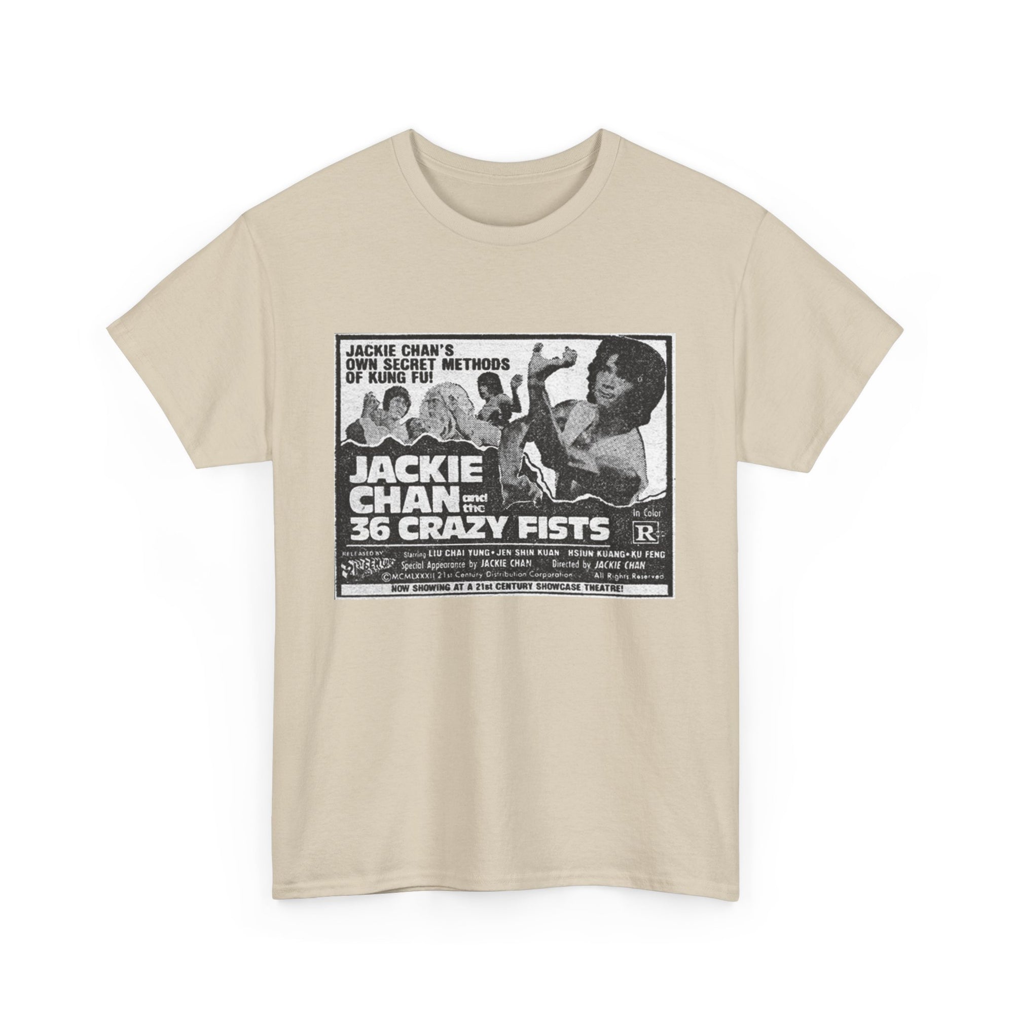 Beige t-shirt with 'Jackie Chan and the 36 Crazy Fists' graphic on a white background