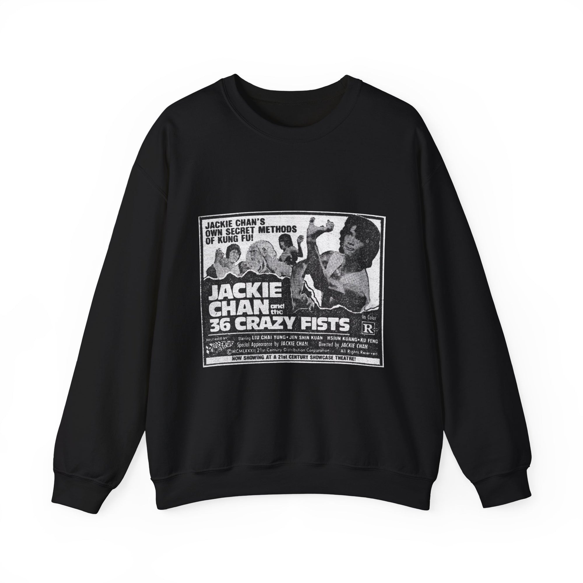 Black sweatshirt with Jackie Chan '36 Crazy Fists' graphic on a white background