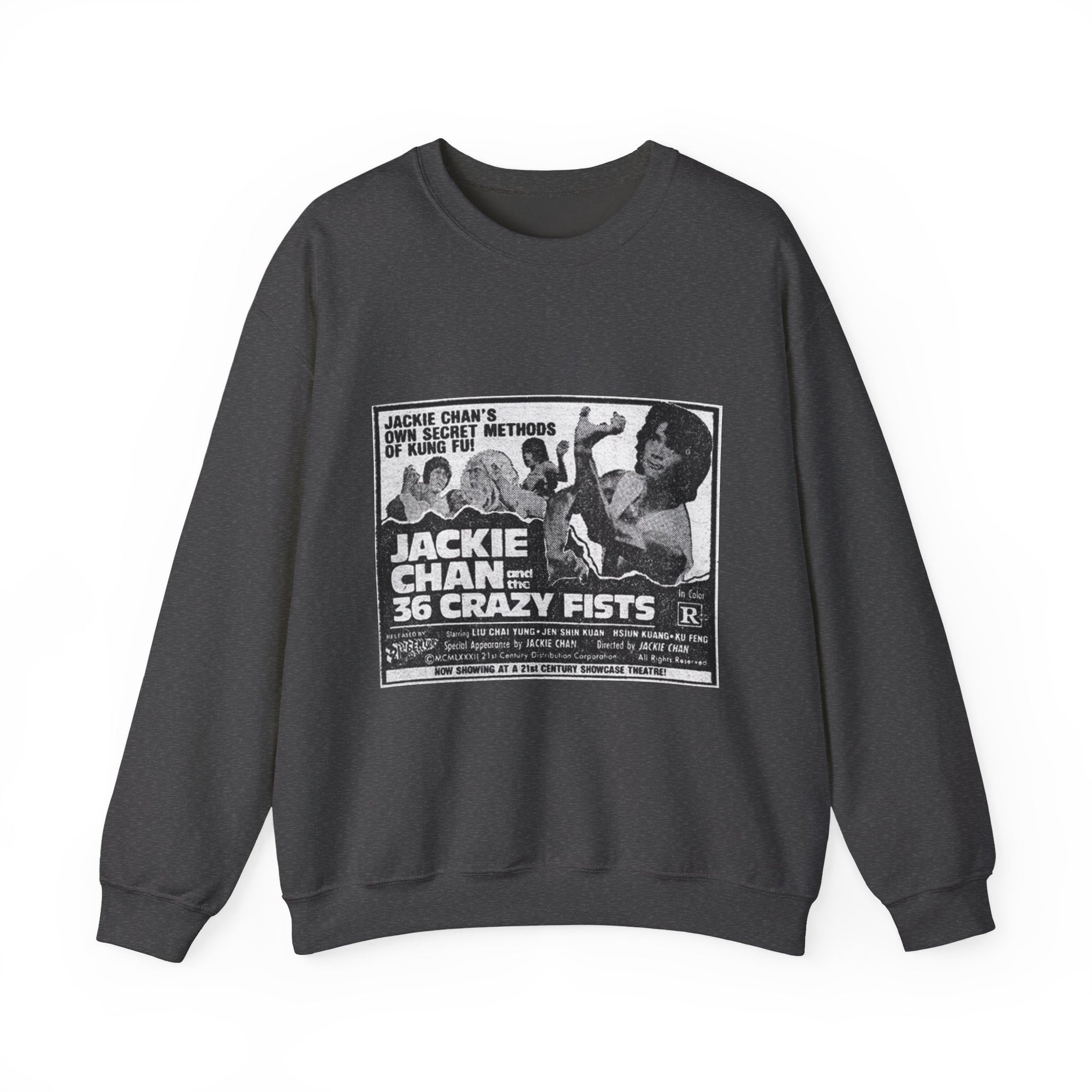 Black sweatshirt with Jackie Chan '36 Crazy Fists' graphic on a white background