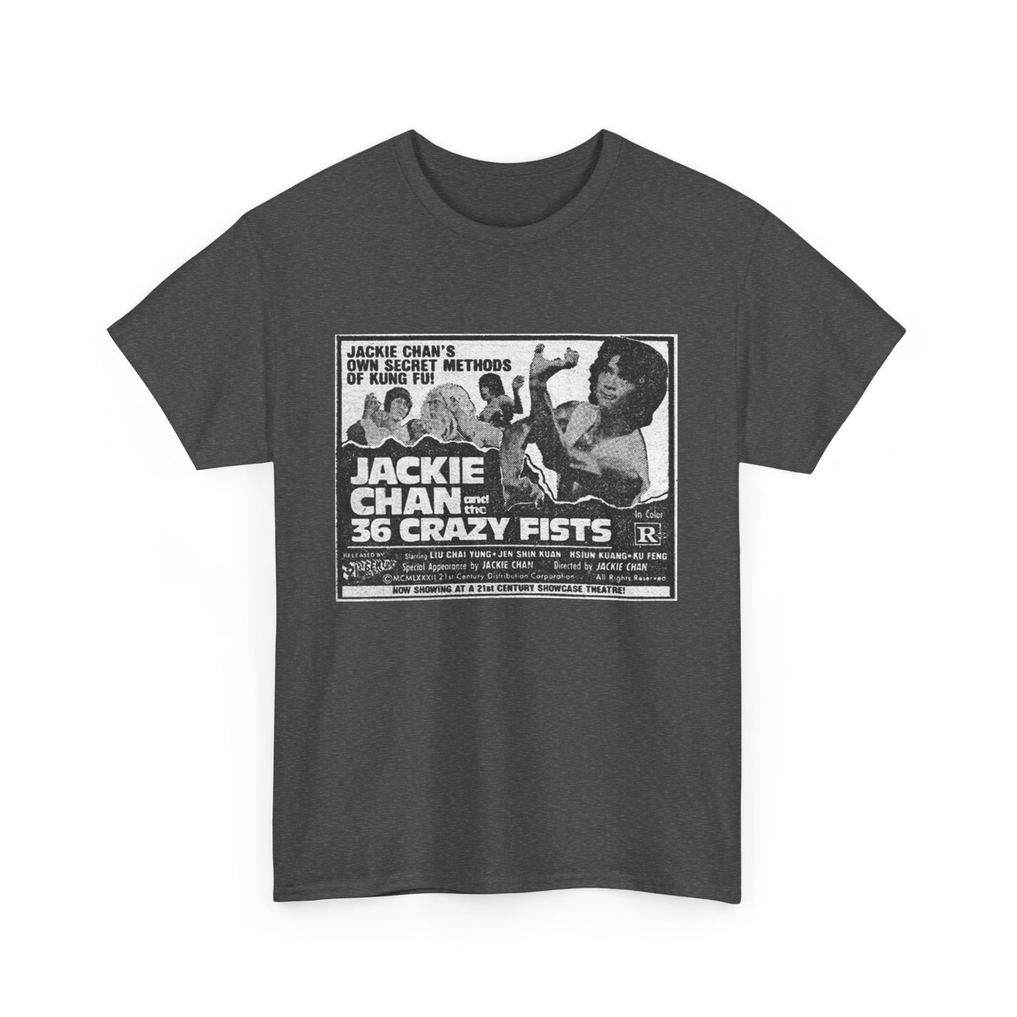 Gray t-shirt with 'Jackie Chan and the 36 Crazy Fists' graphic on a white background