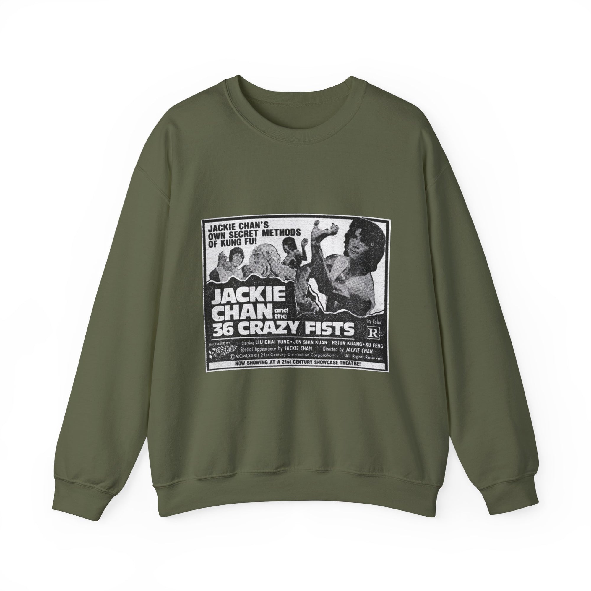 Green sweatshirt with Jackie Chan movie poster design on a white background