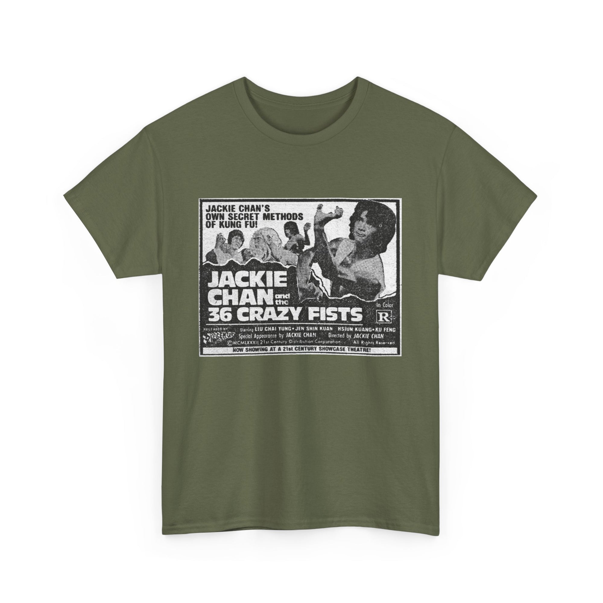 Green t-shirt with 'Jackie Chan and the 36 Crazy Fists' graphic on a white background