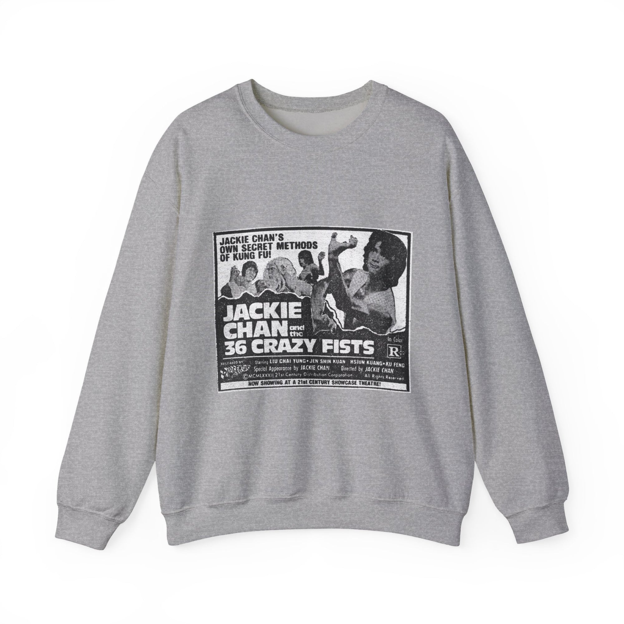 Gray sweatshirt with a Jackie Chan movie poster design on a white background