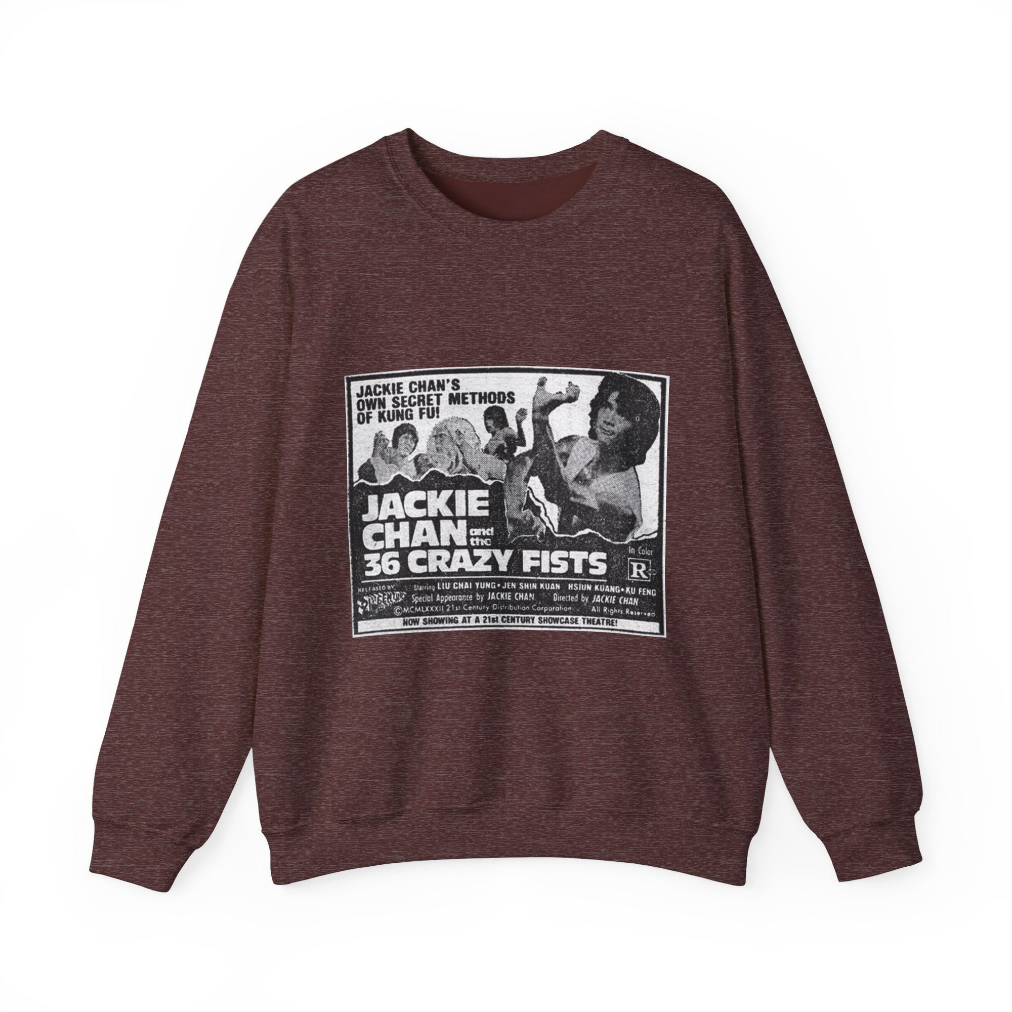 maroon sweatshirt with Jackie Chan '36 Crazy Fists' graphic on a white background