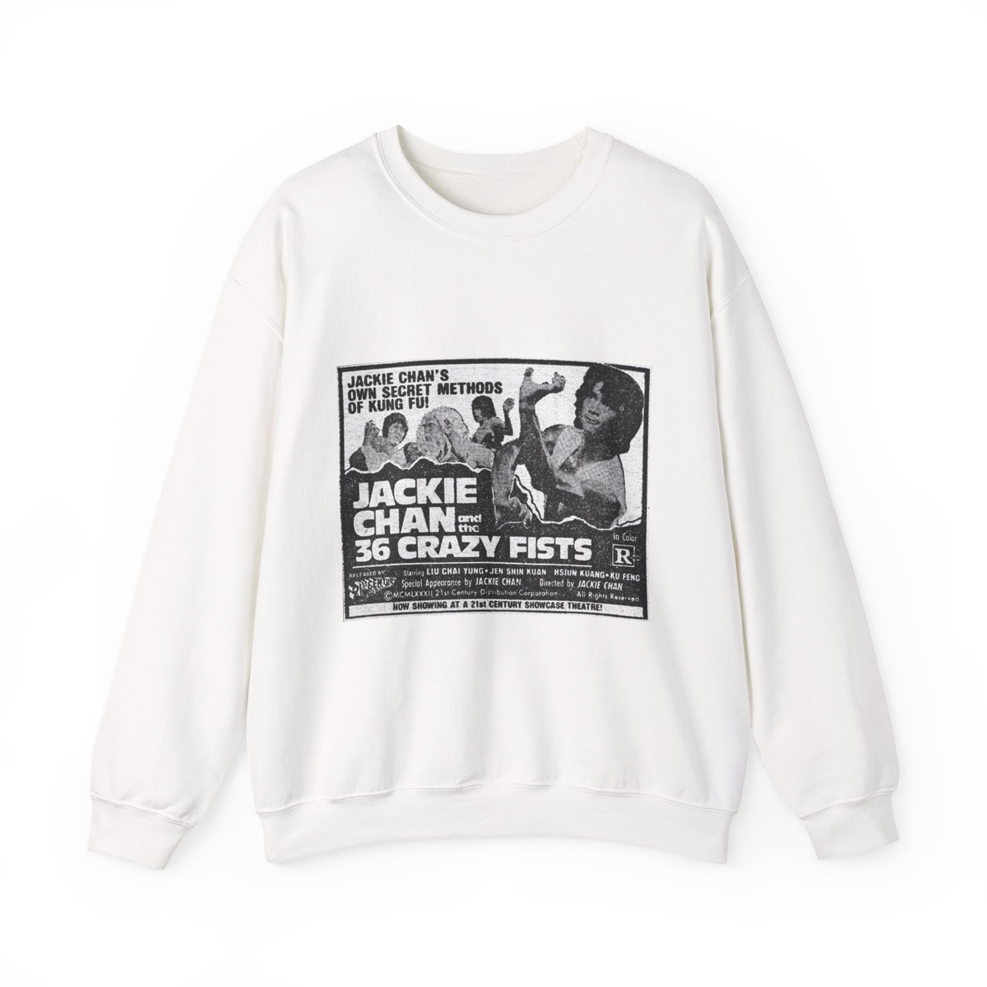 White sweatshirt with a graphic design of 'Jackie Chan's 36 Crazy Fists' on a white background