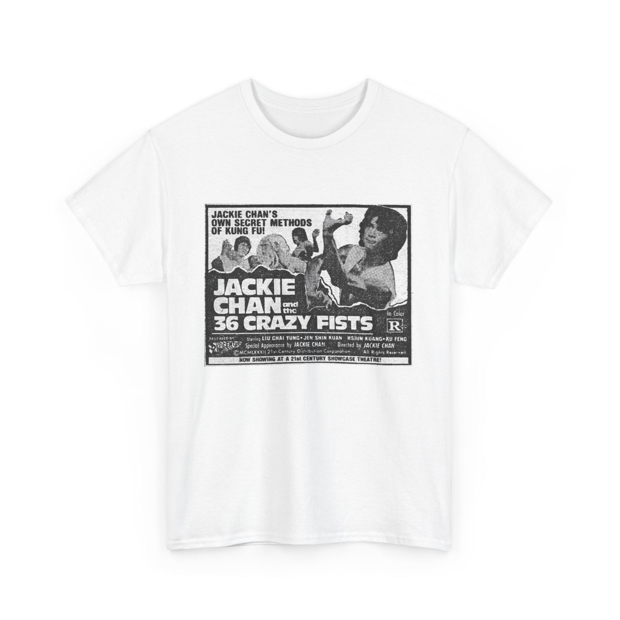 White t-shirt with a graphic design of 'Jackie Chan and the 36 Crazy Fists' movie poster on a white background