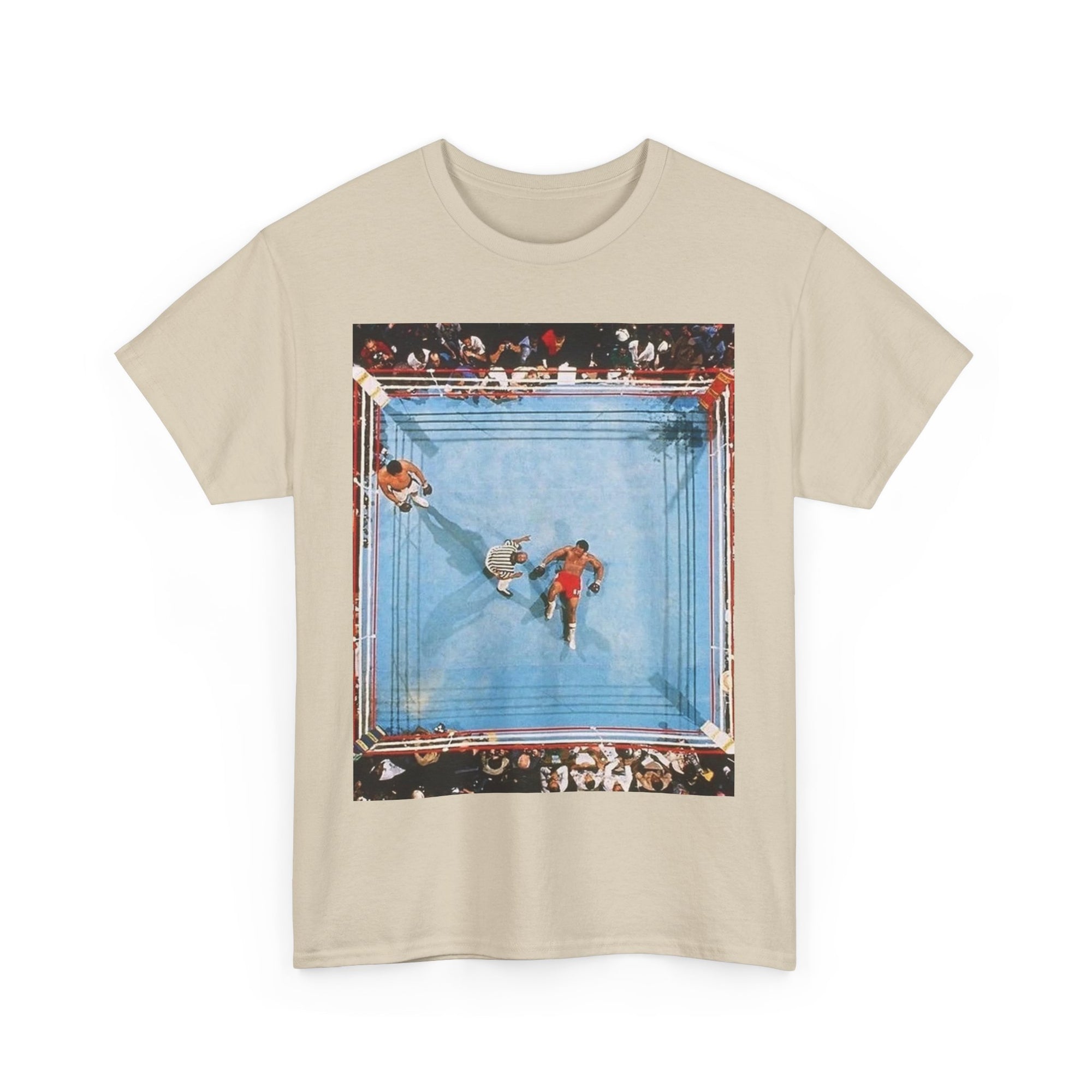 Beige t-shirt with a graphic design of a boxing ring