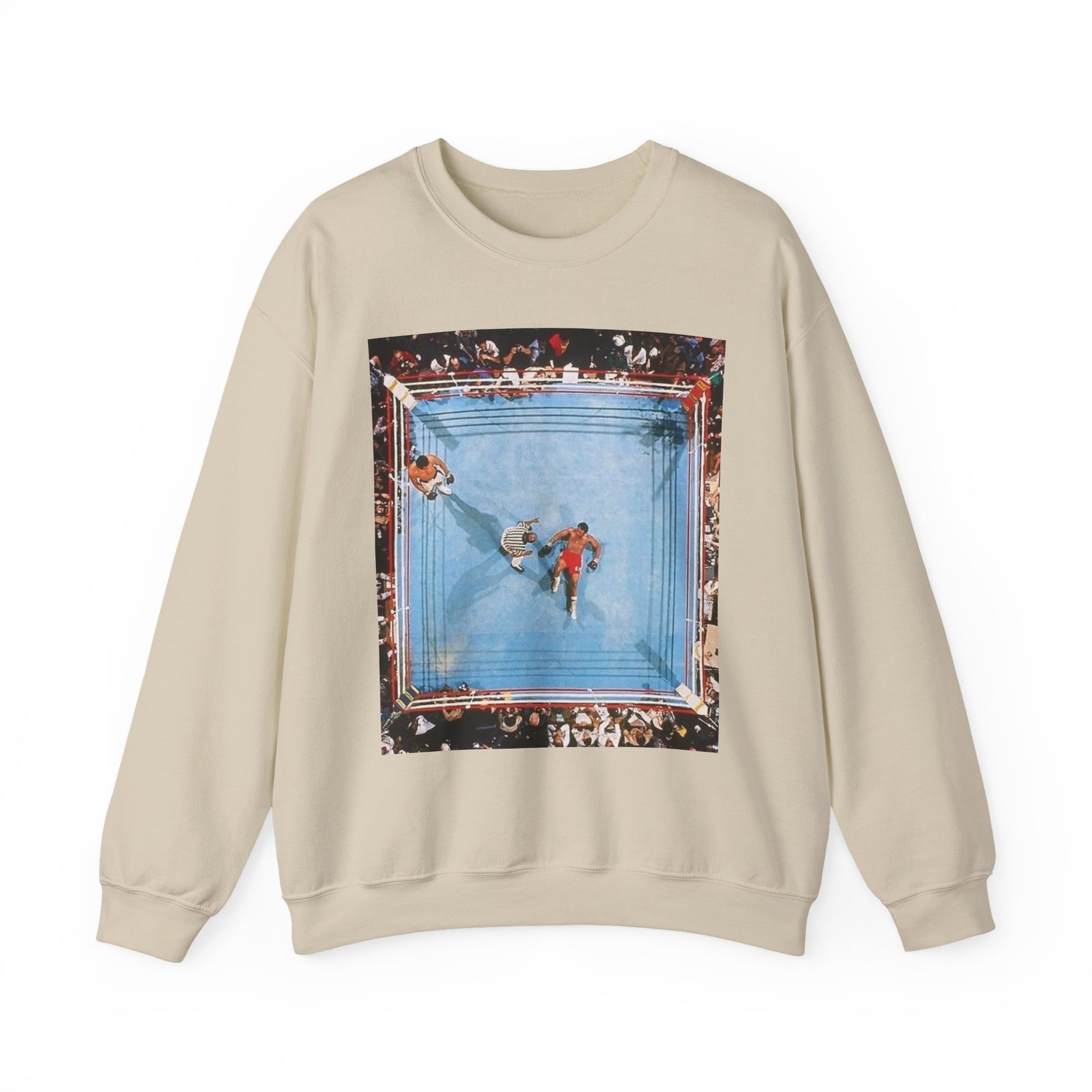 Beige sweatshirt with a graphic design of people in a boxing ring