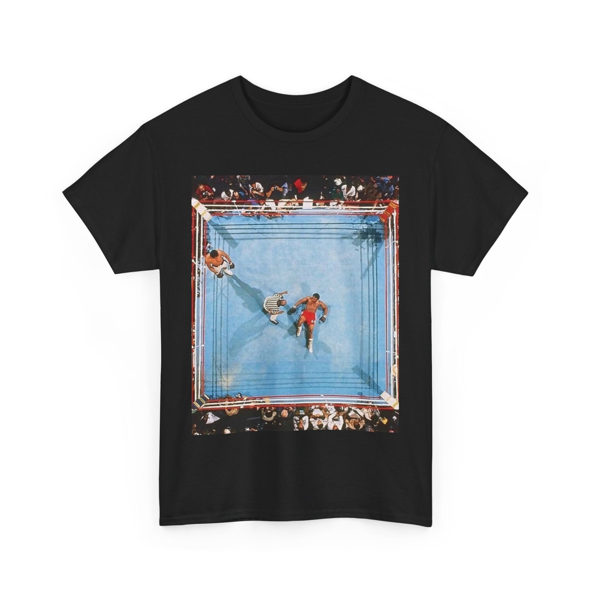 Black t-shirt with a graphic design of people in a boxing ring on a white background