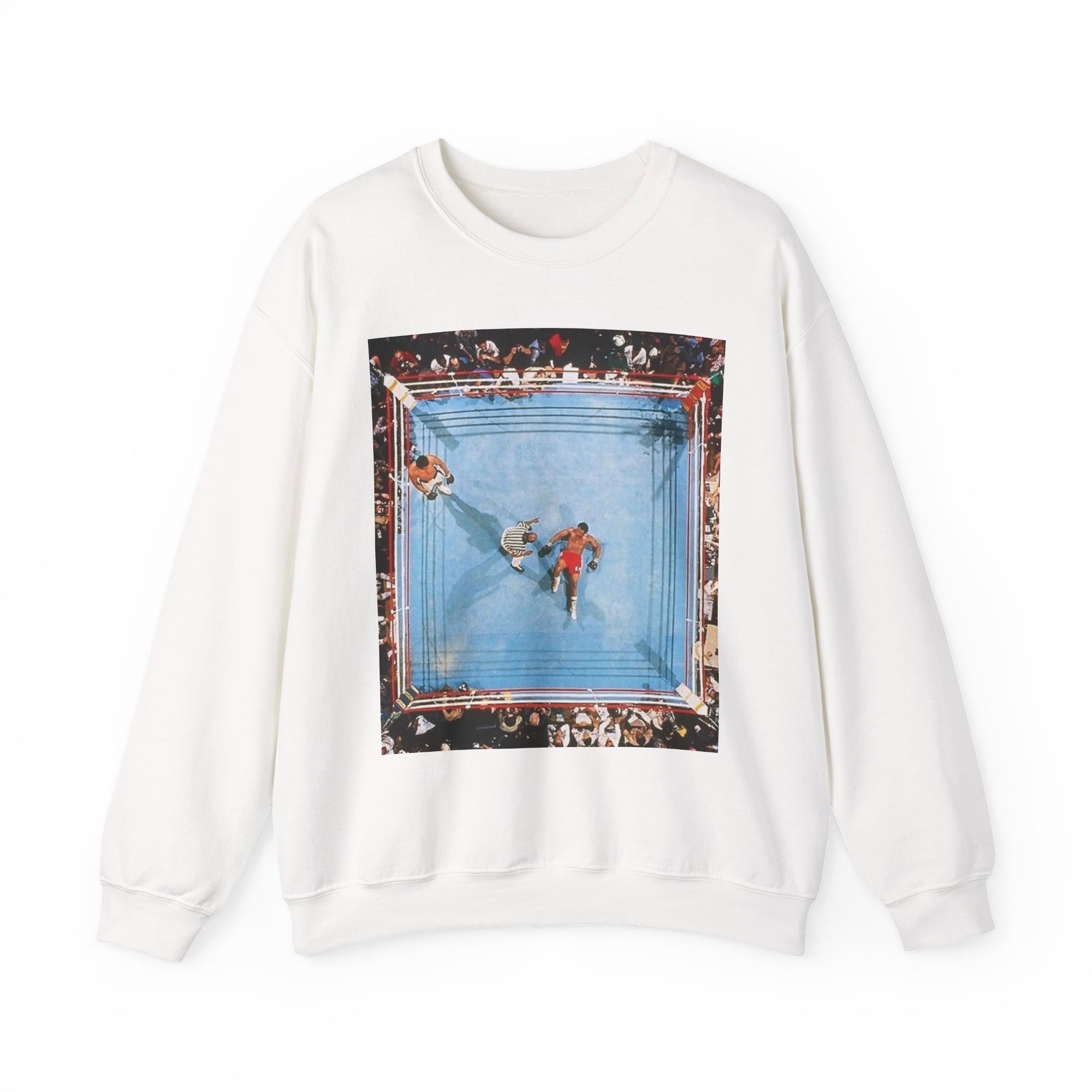White sweatshirt with a graphic design of people in a boxing ring 