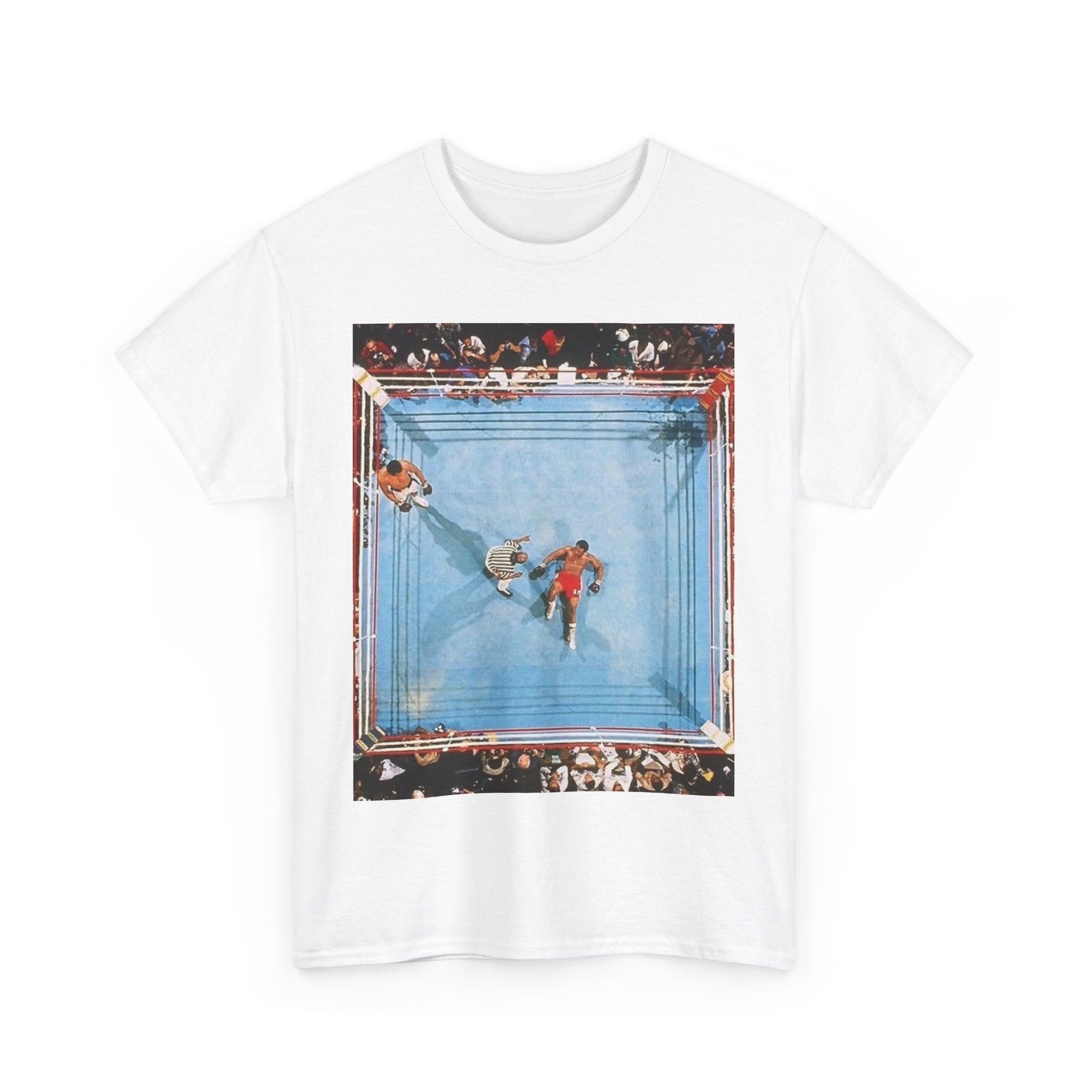 White t-shirt with a graphic design of people in a boxing ring on a white background