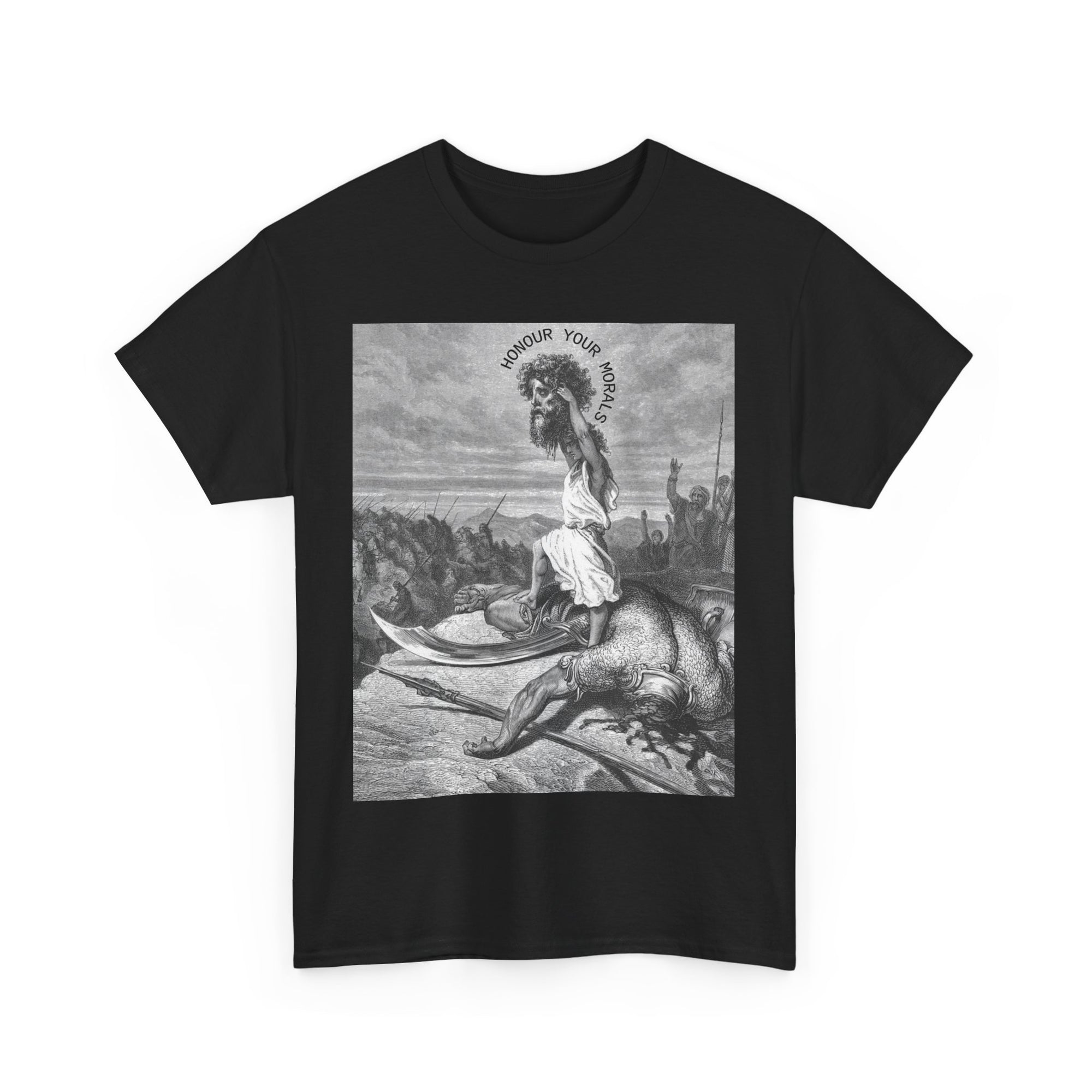 Black t-shirt with a graphic design of David Holding Goliaths Head ' Honour Your Morals' - Black