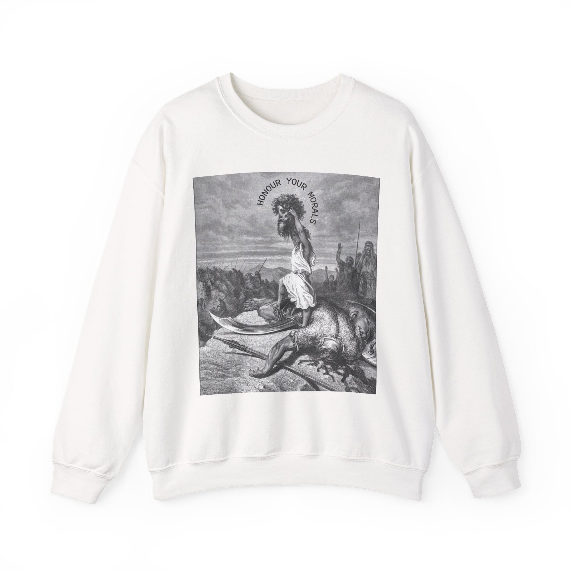 White sweatshirt with david and goliath graphic design on a white background