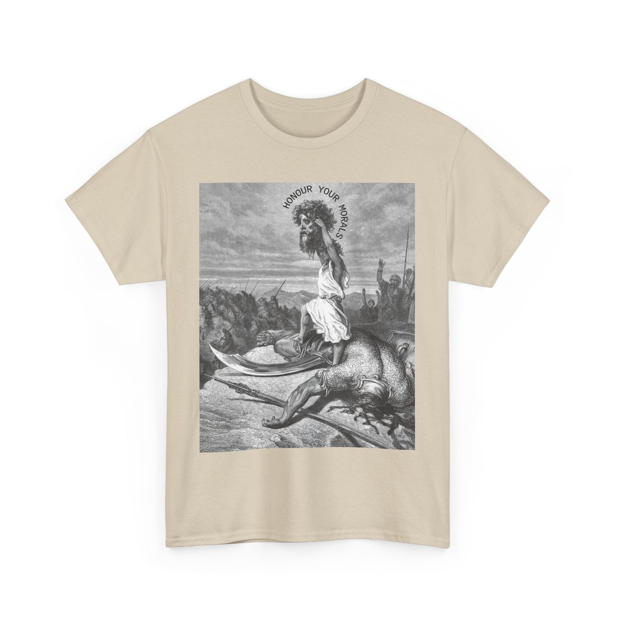 Beige t-shirt with graphic design of David with Goliaths Head 'Honour your morals'