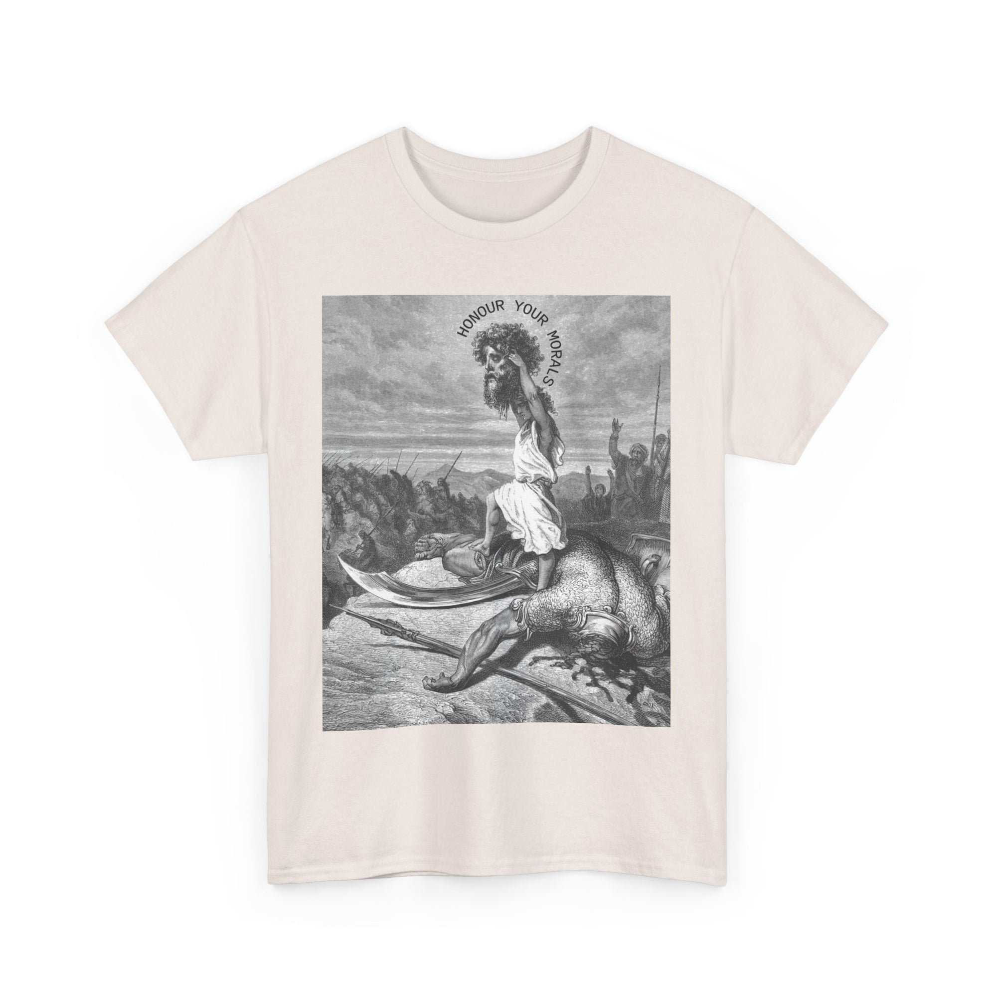 White t-shirt with graphic design of a David holding Goliaths Head and text 'Honour Your Morals' on a white background