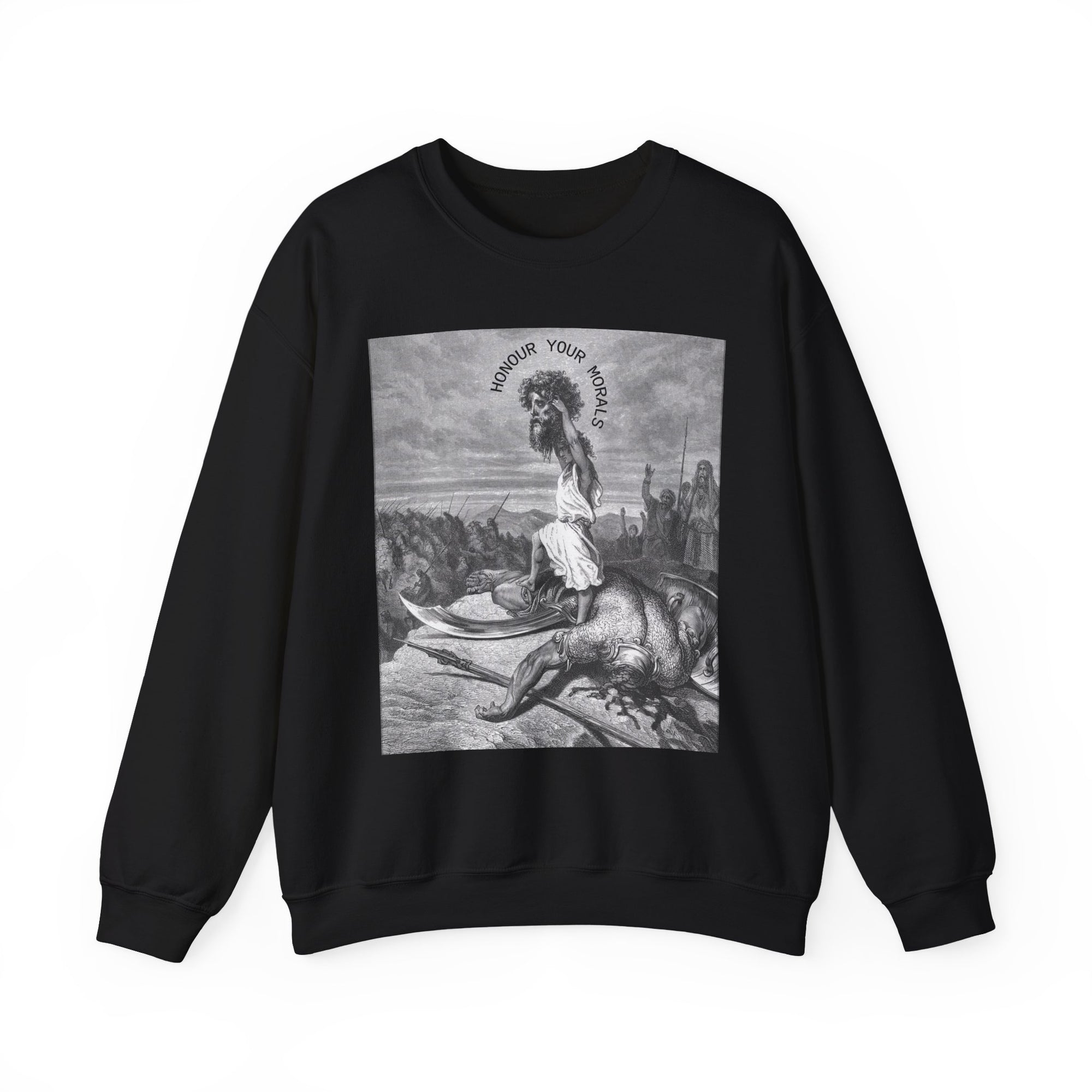 Black sweatshirt with david and goliath graphic design on a white background