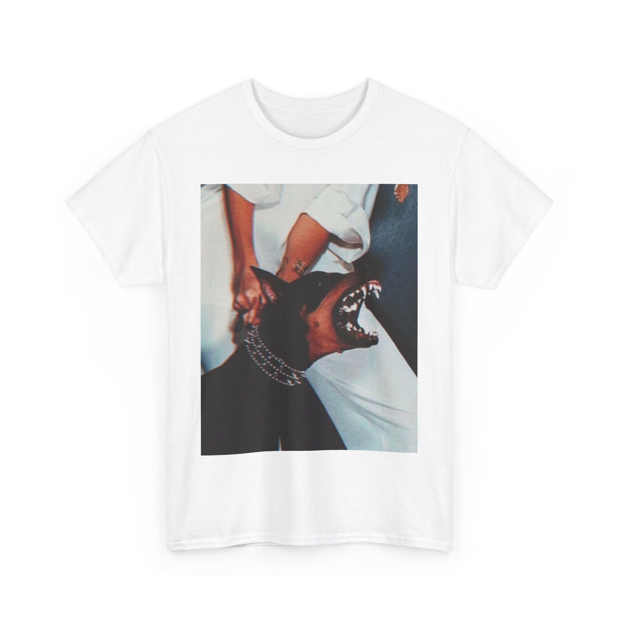 White t-shirt with a graphic of a woman holding back a doberman dog on a white background