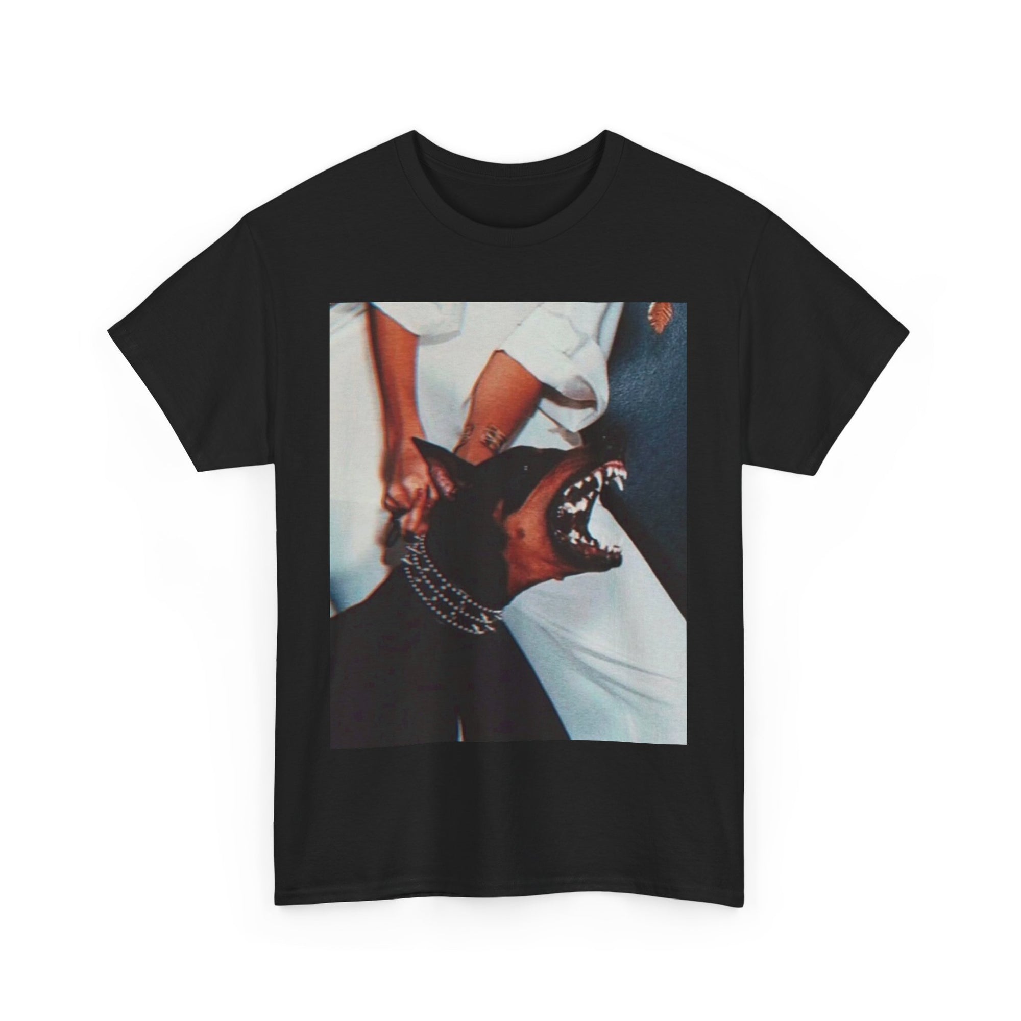 Black t-shirt with a graphic of a woman holding back a doberman dog 