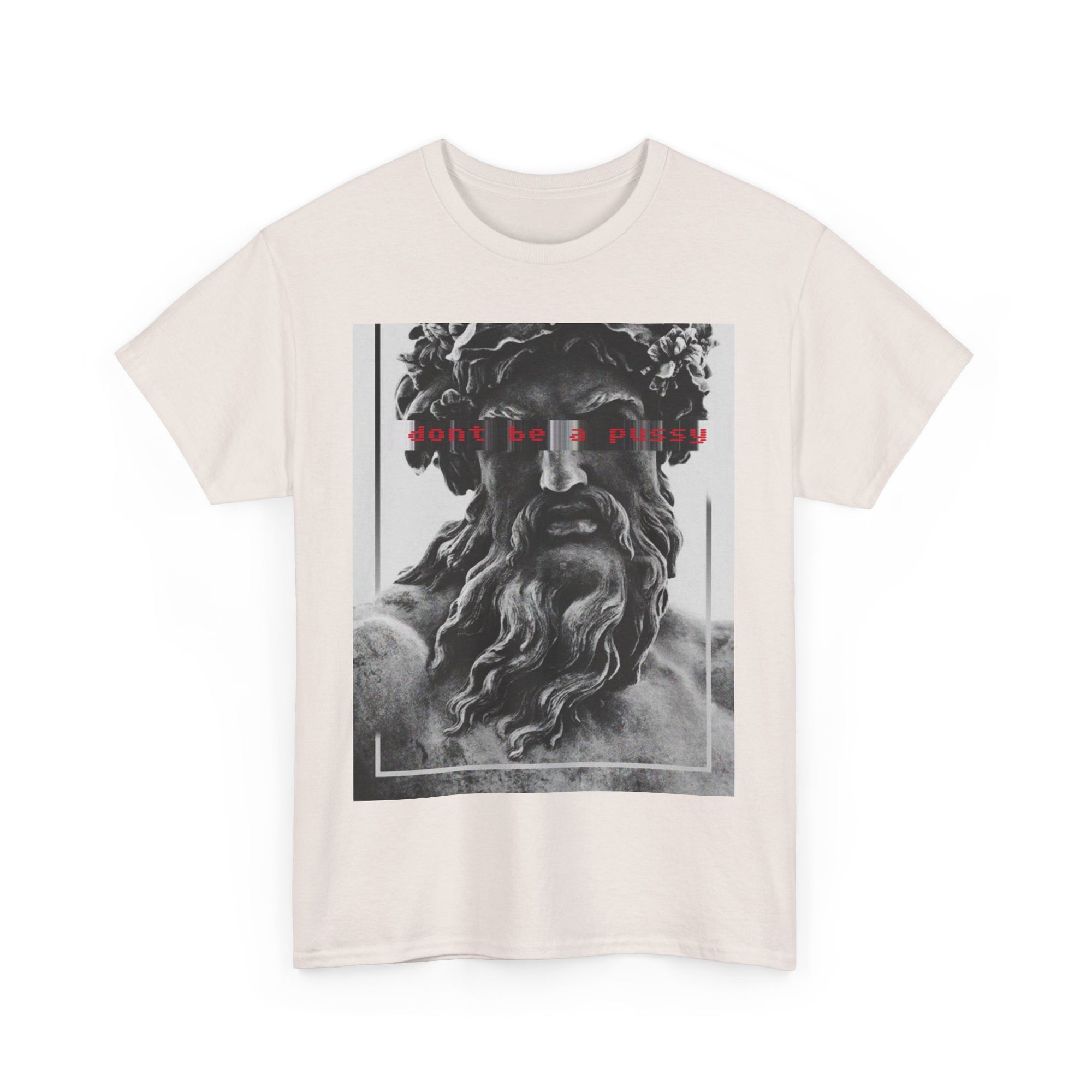 Beige t-shirt with a graphic of a classical sculpture and text on a white background