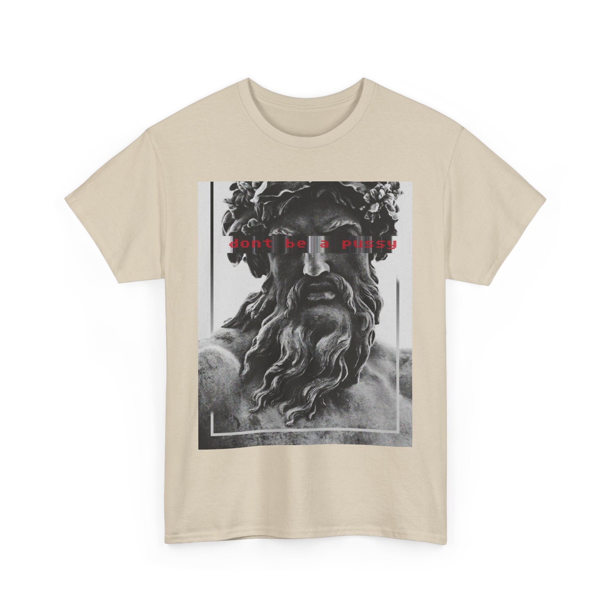 Beige t-shirt with a black and white graphic of a classical statue and text on a white background