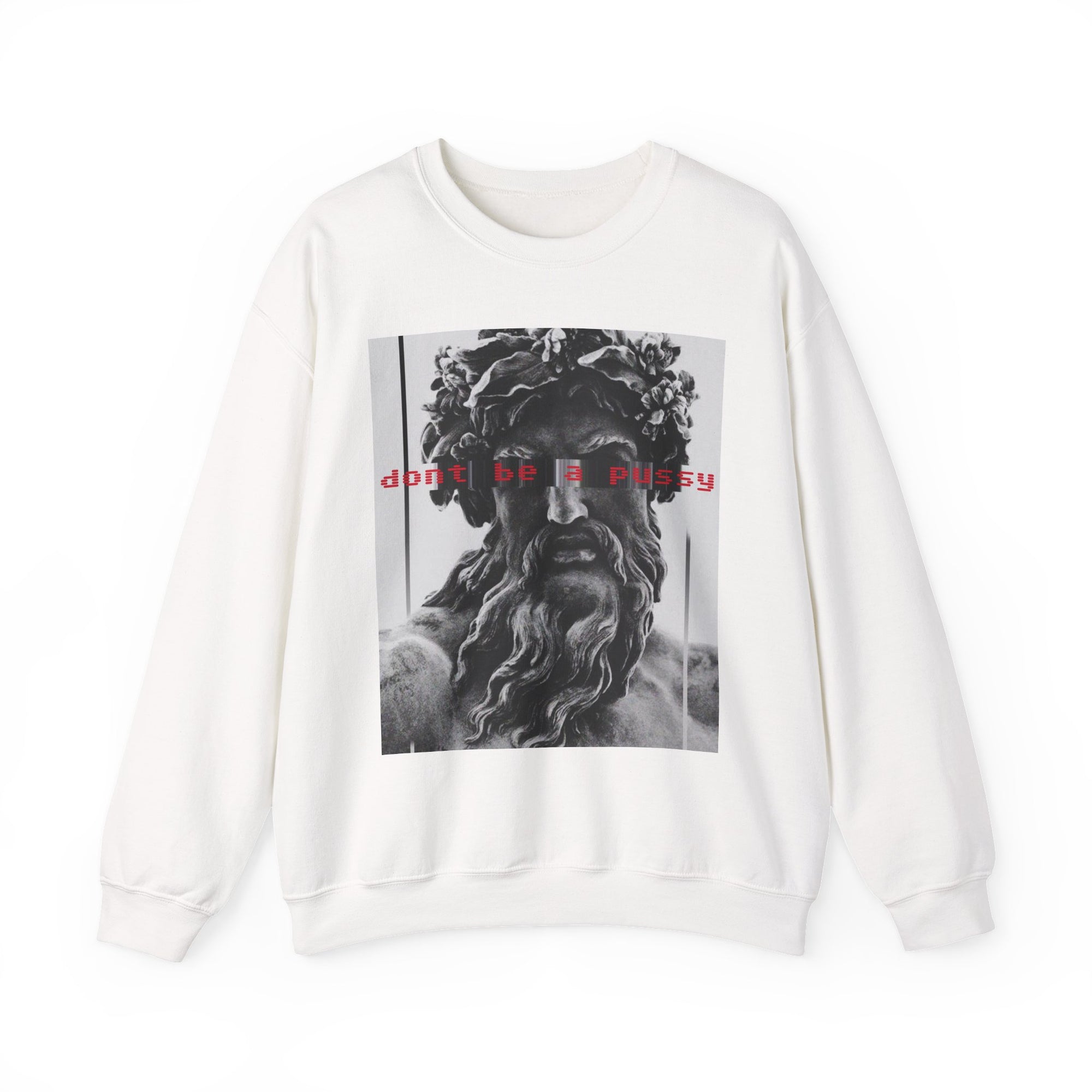 White sweatshirt with a greek graphic design and text on a white background