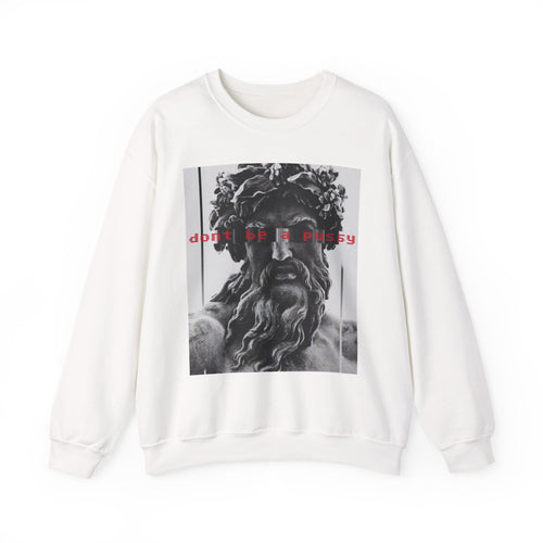 White sweatshirt with a greek graphic design and text on a white background
