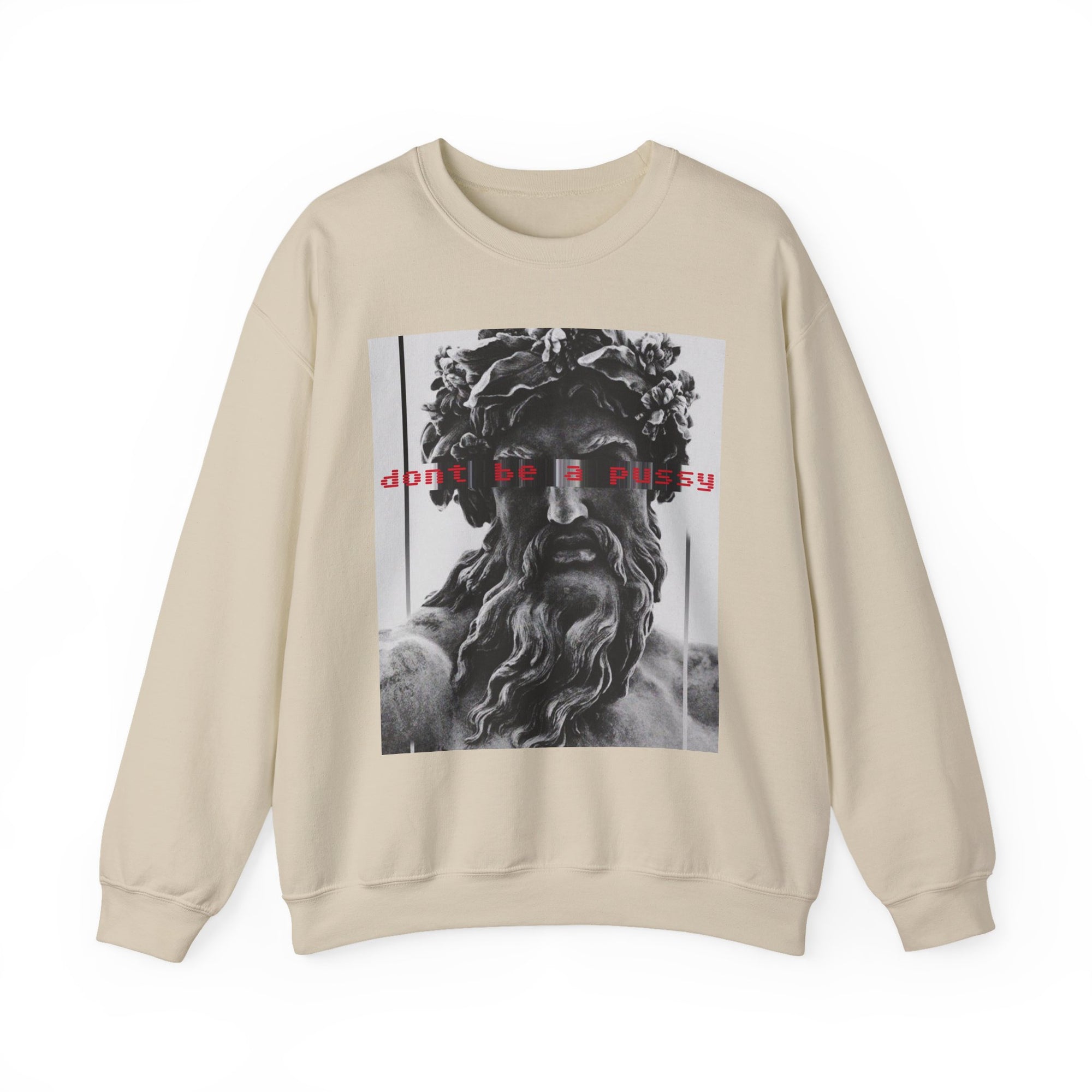 Beige sweatshirt with greek graphic design and text on a white background