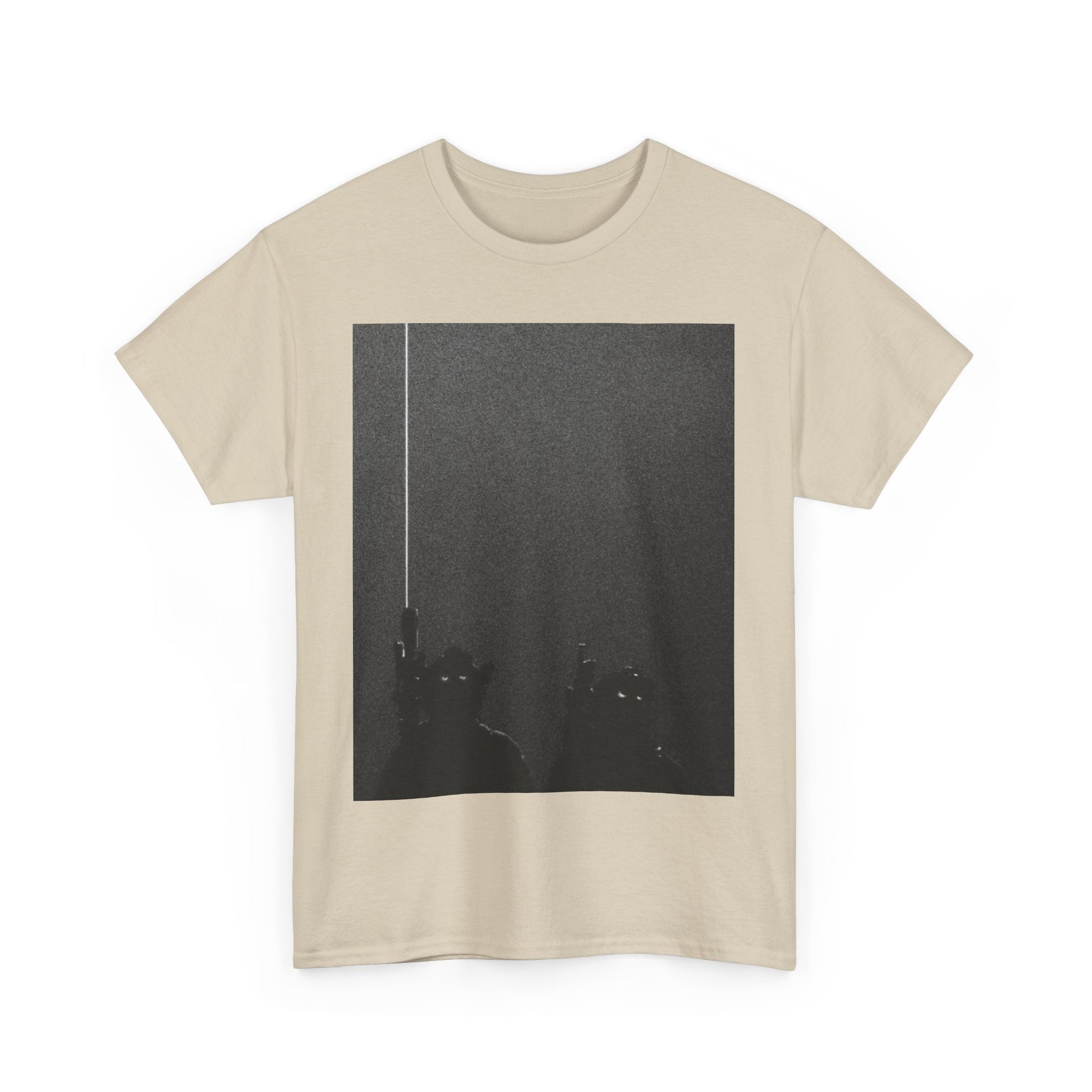beige t-shirt with a graphic military tactical design night vision