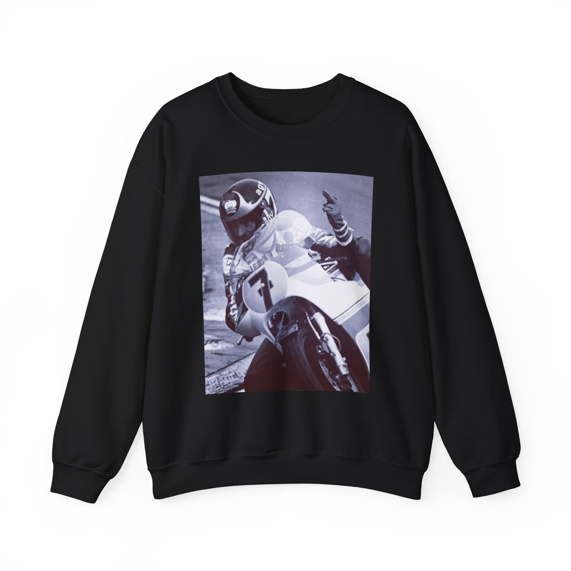 Black sweatshirt with a graphic of a motorcycle racer on a white background