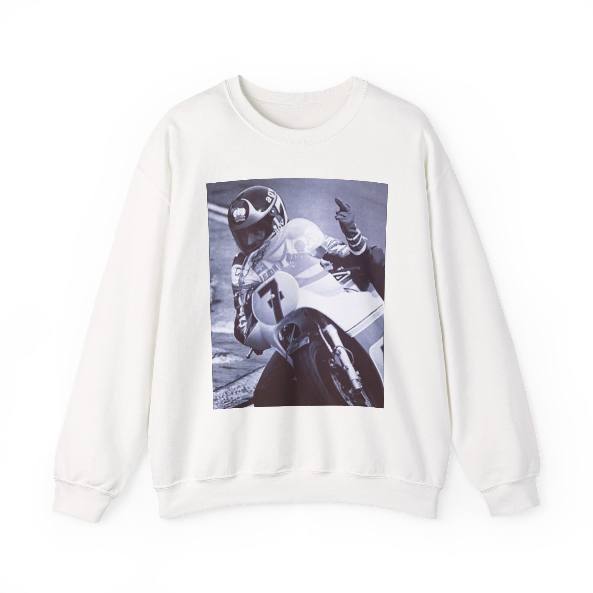 White sweatshirt with a graphic of a motorcycle racer on a white background