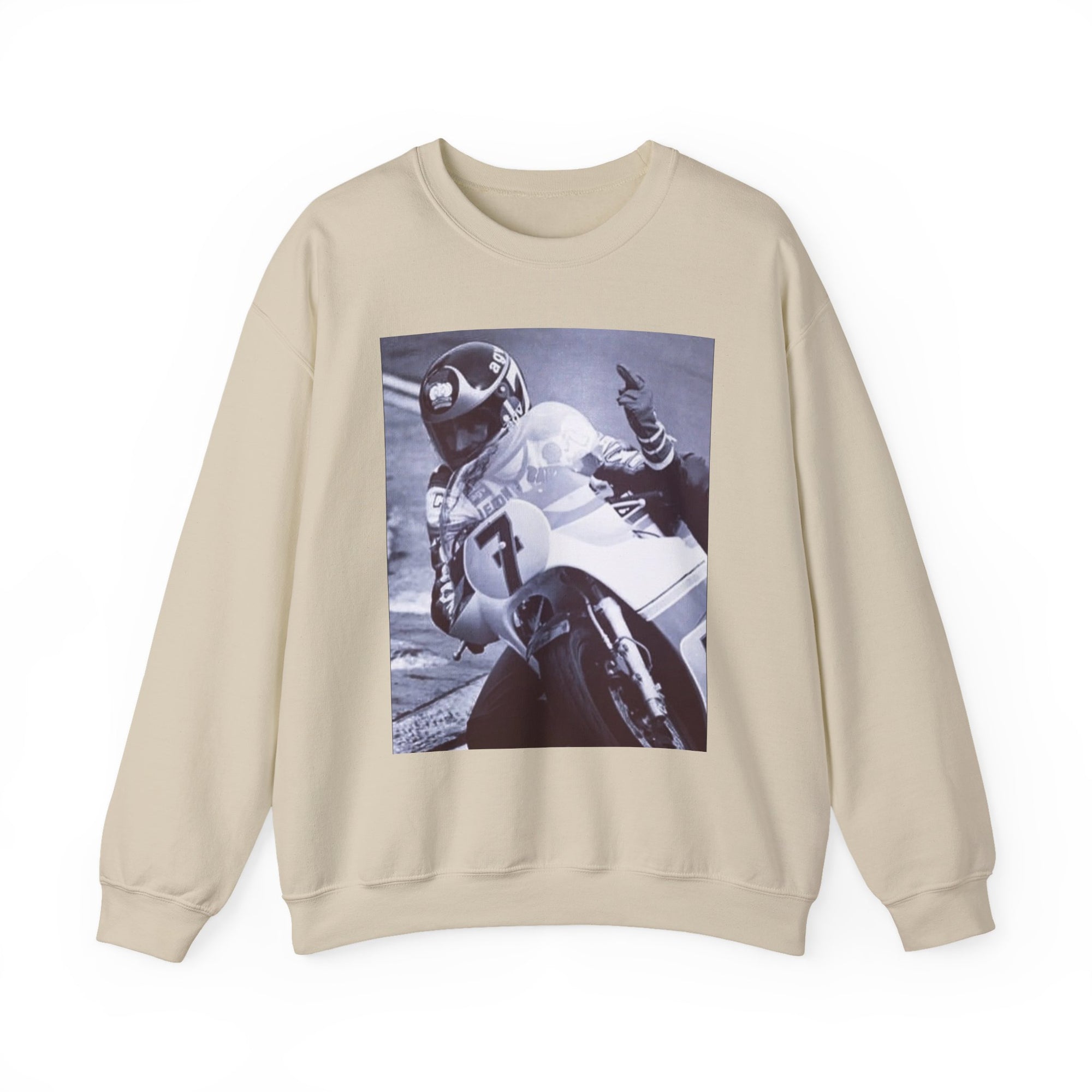 Beige sweatshirt with a graphic of a motorcycle racer on a white background