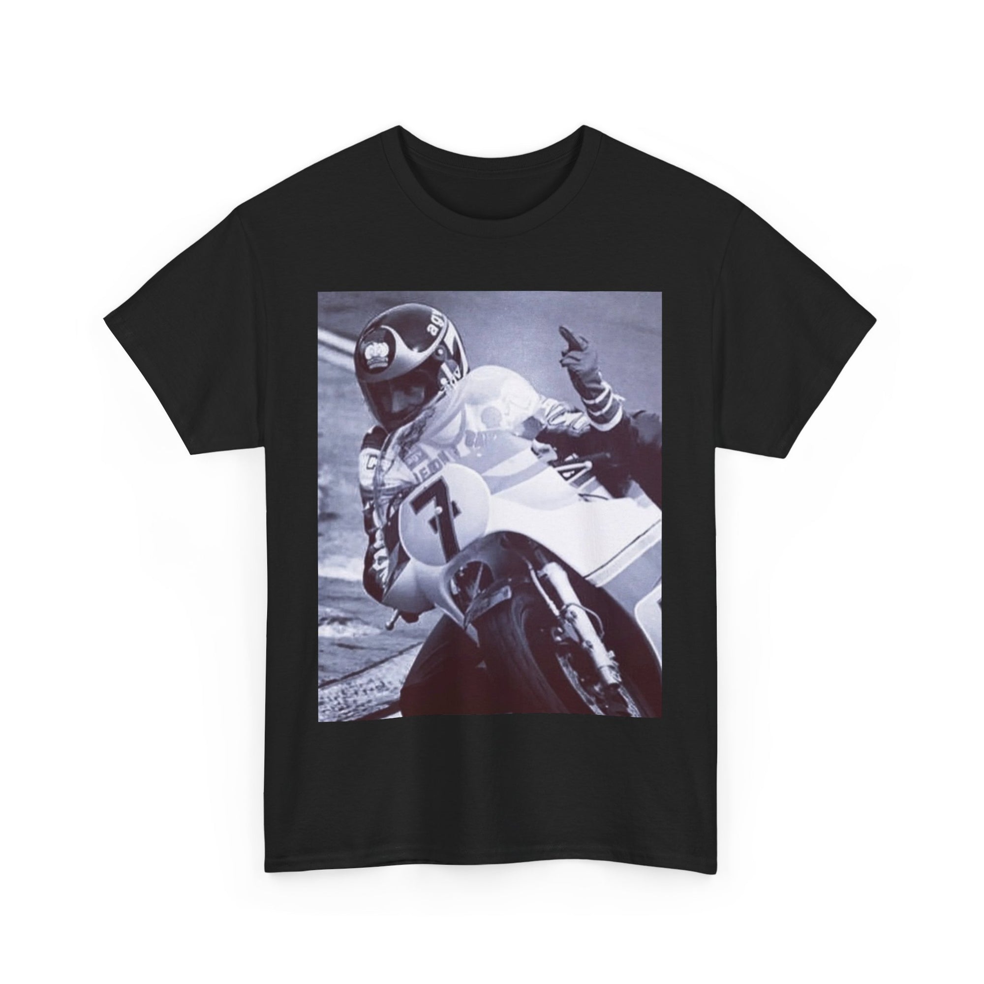 Black t-shirt with a graphic of a person on a motorcycle giving the finger