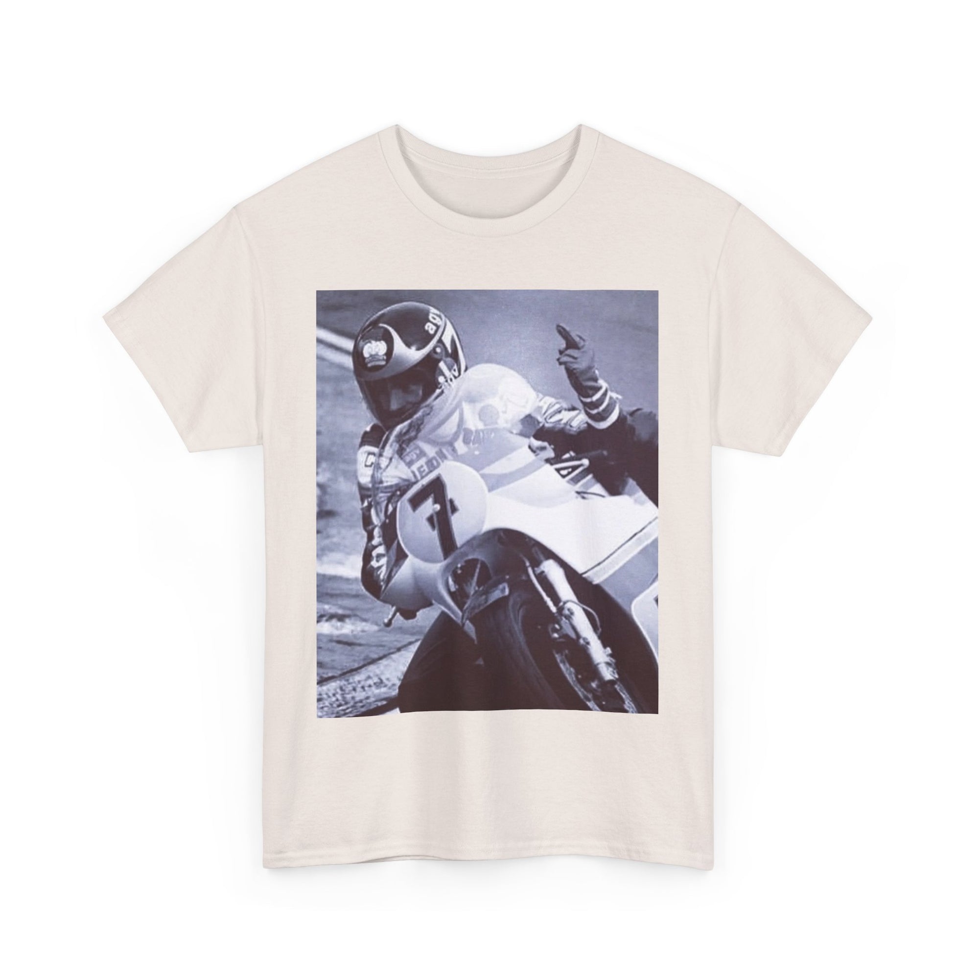 Beige t-shirt with a graphic of a person on a motorcycle giving the finger
