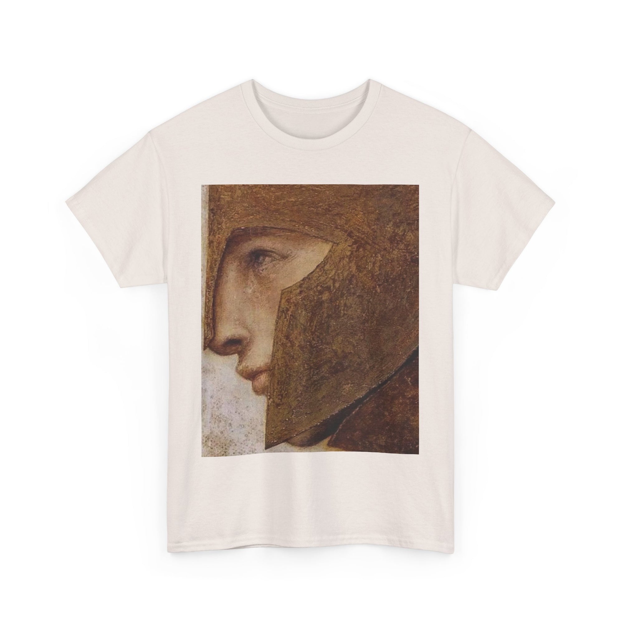 White t-shirt with a printed design of a classical portrait 