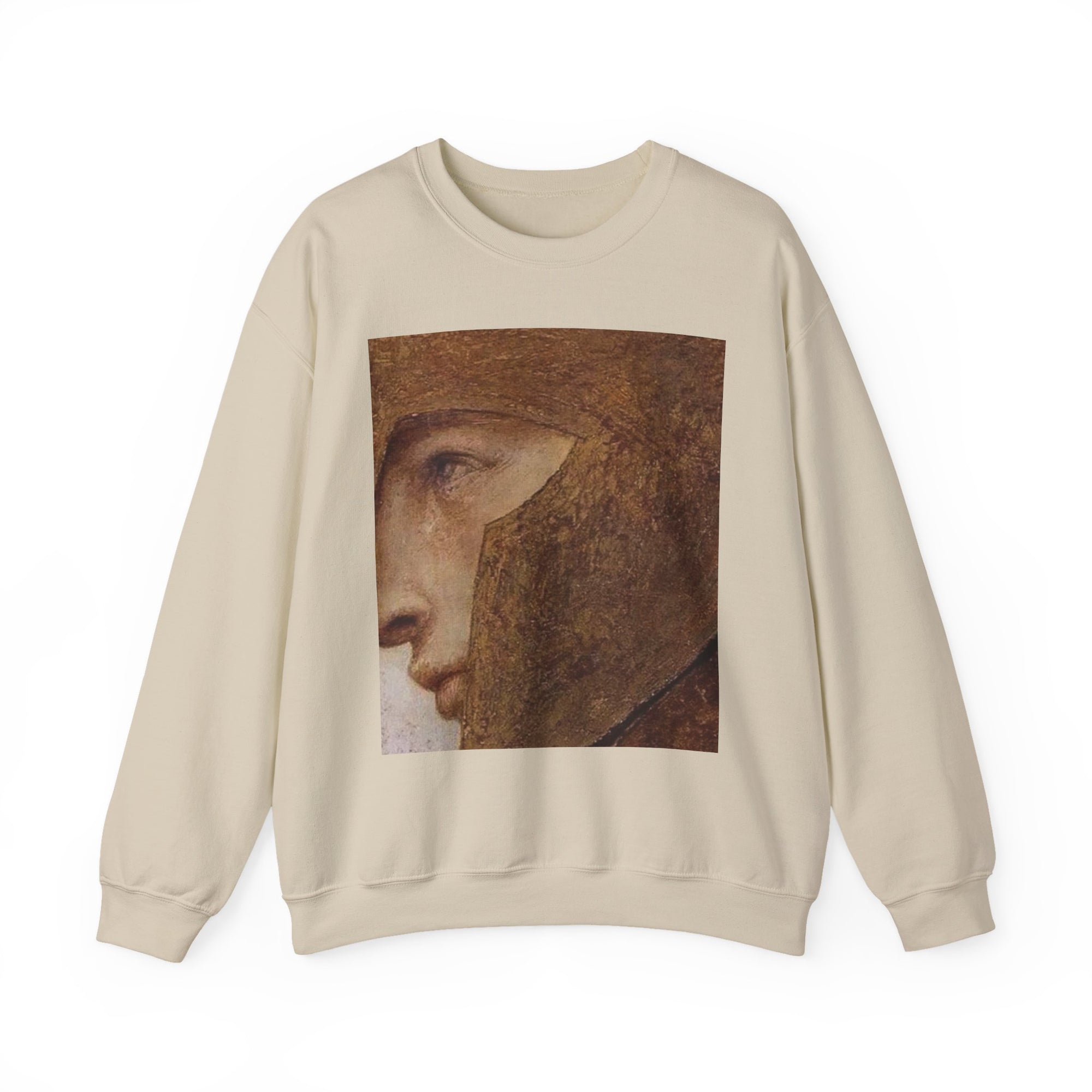 Beige sweatshirt with a printed design of a  roman face 