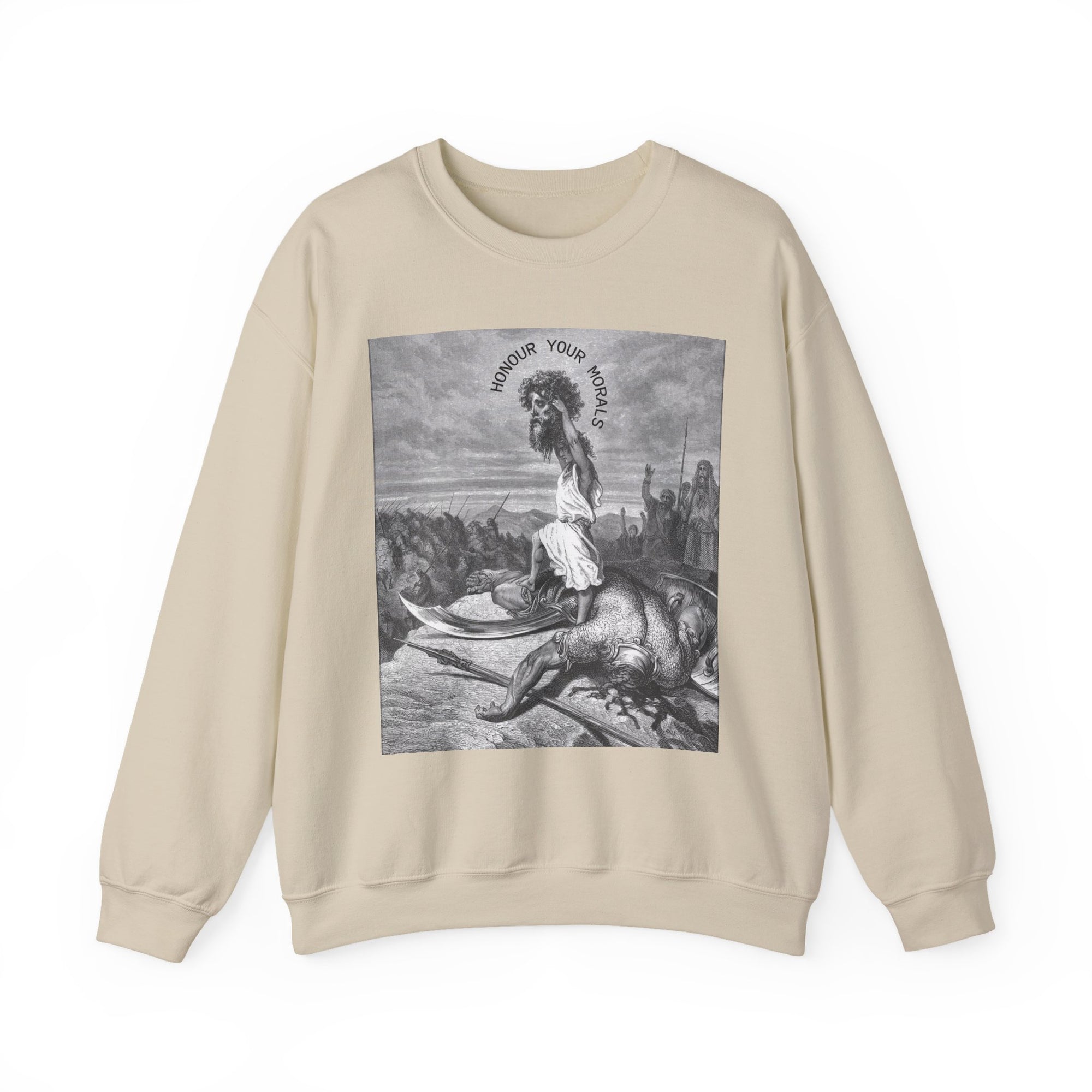 Beige sweatshirt with david and goliath graphic design on a white background