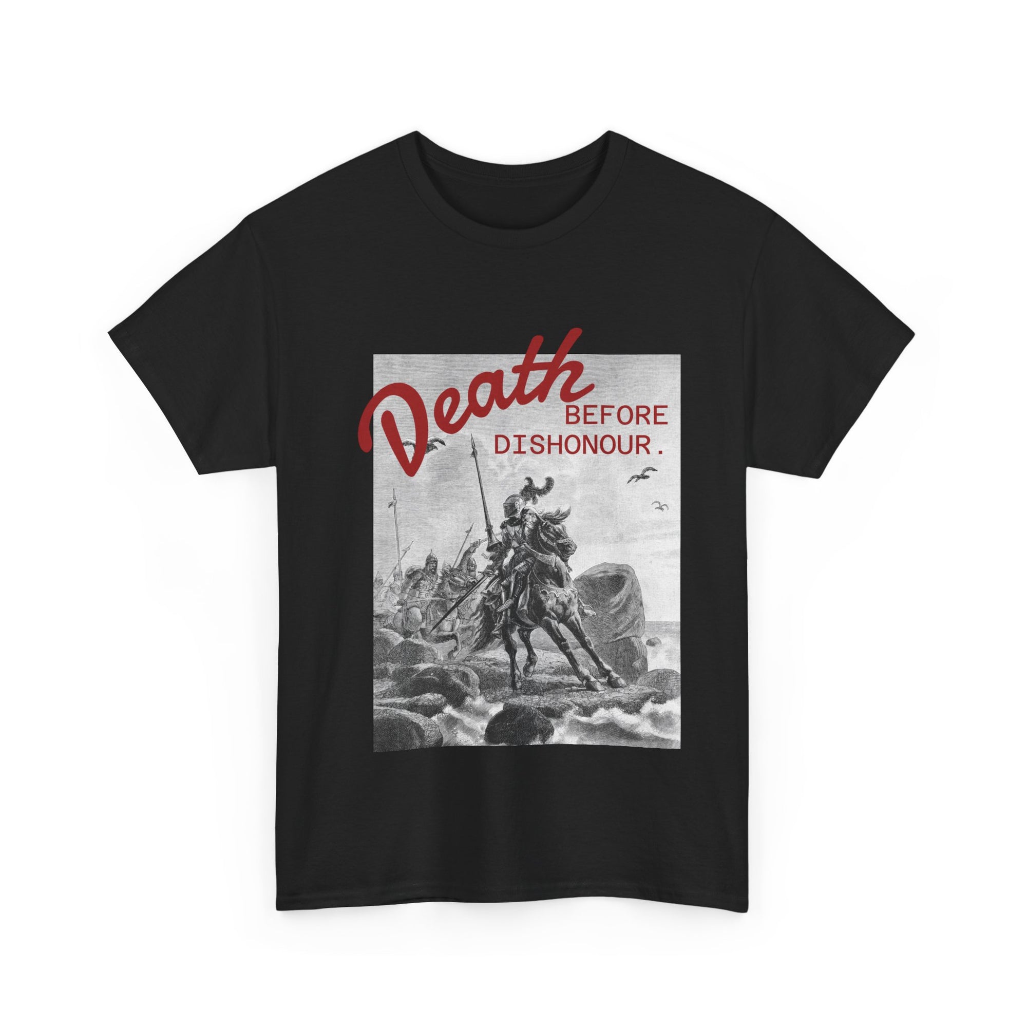 Black t-shirt with graphic design and text 'Death Before Dishonor' on a white background
