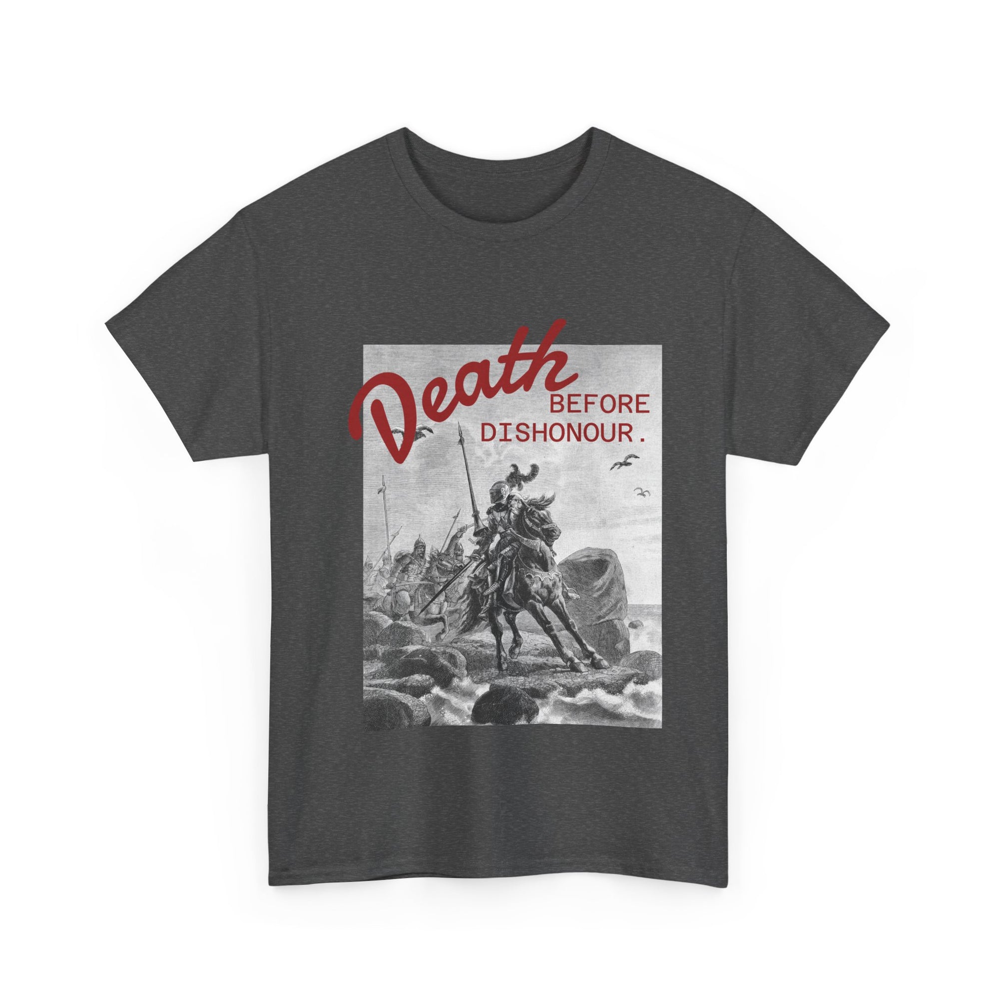 Dark gray t-shirt with a graphic design and text 'Death Before Dishonor' on a white background