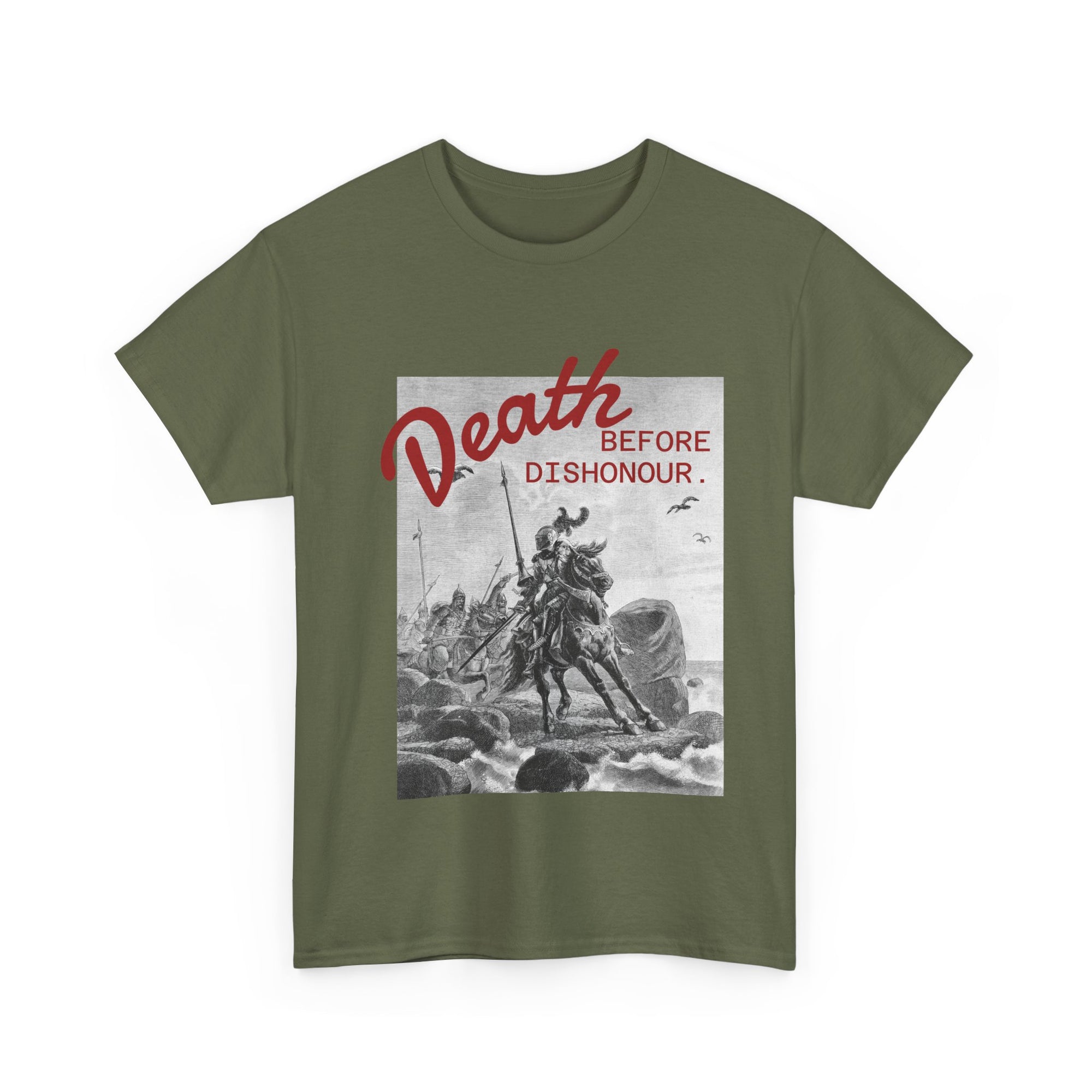 Green t-shirt with graphic design and text 'Death Before Dishonour' 