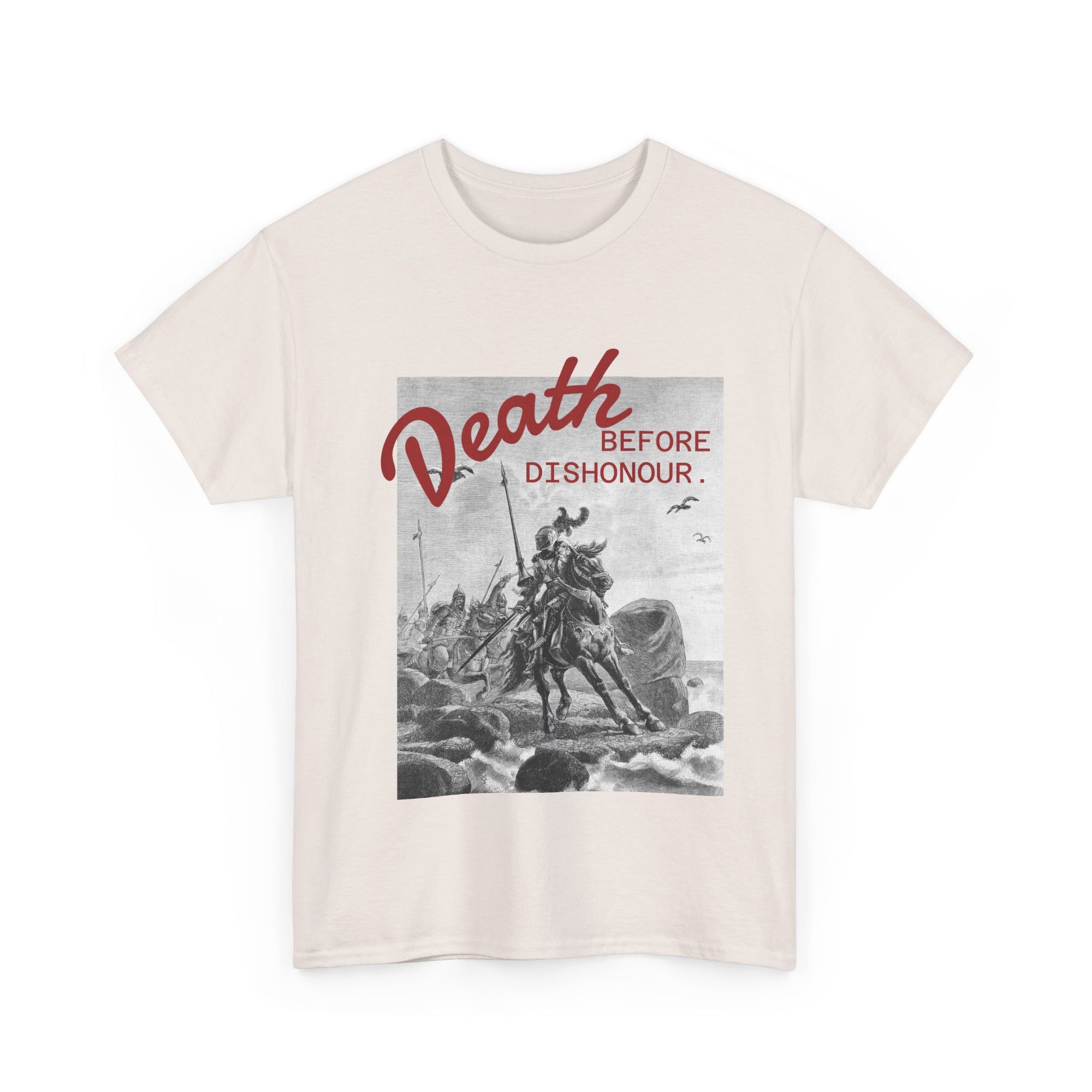 Beige t-shirt with graphic design and text 'Death Before Dishonor' on a white background