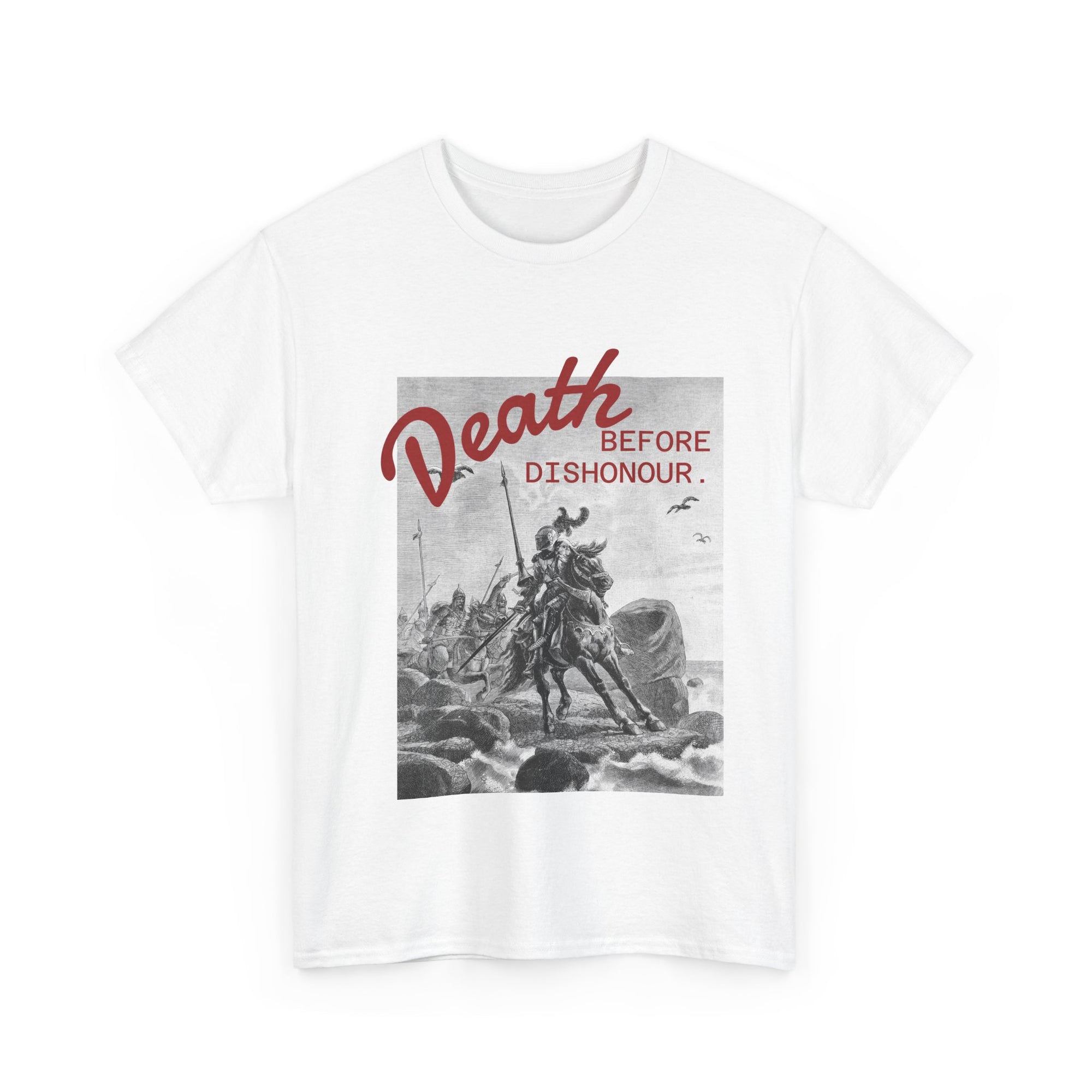 White t-shirt with graphic design and text 'Death Before Dishonor' 