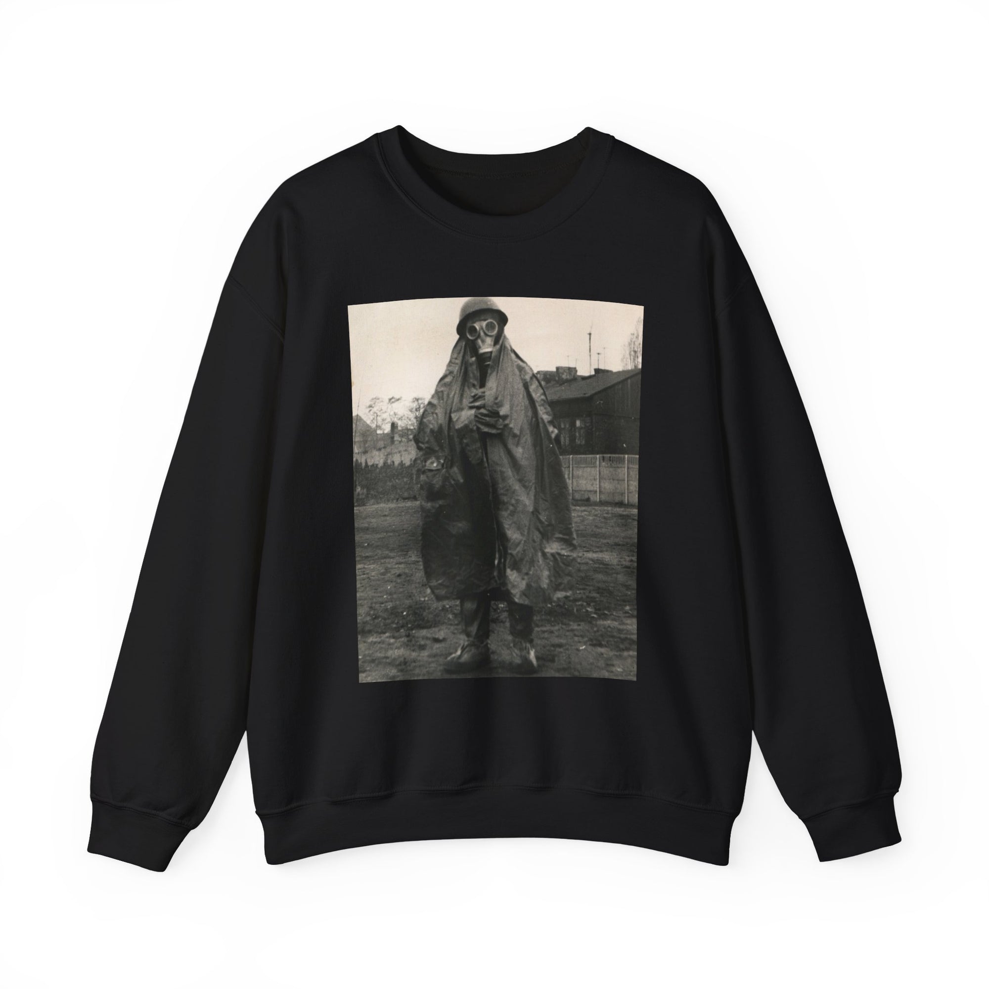 black sweatshirt with a graphic of a military guy  in a raincoat and gas mask