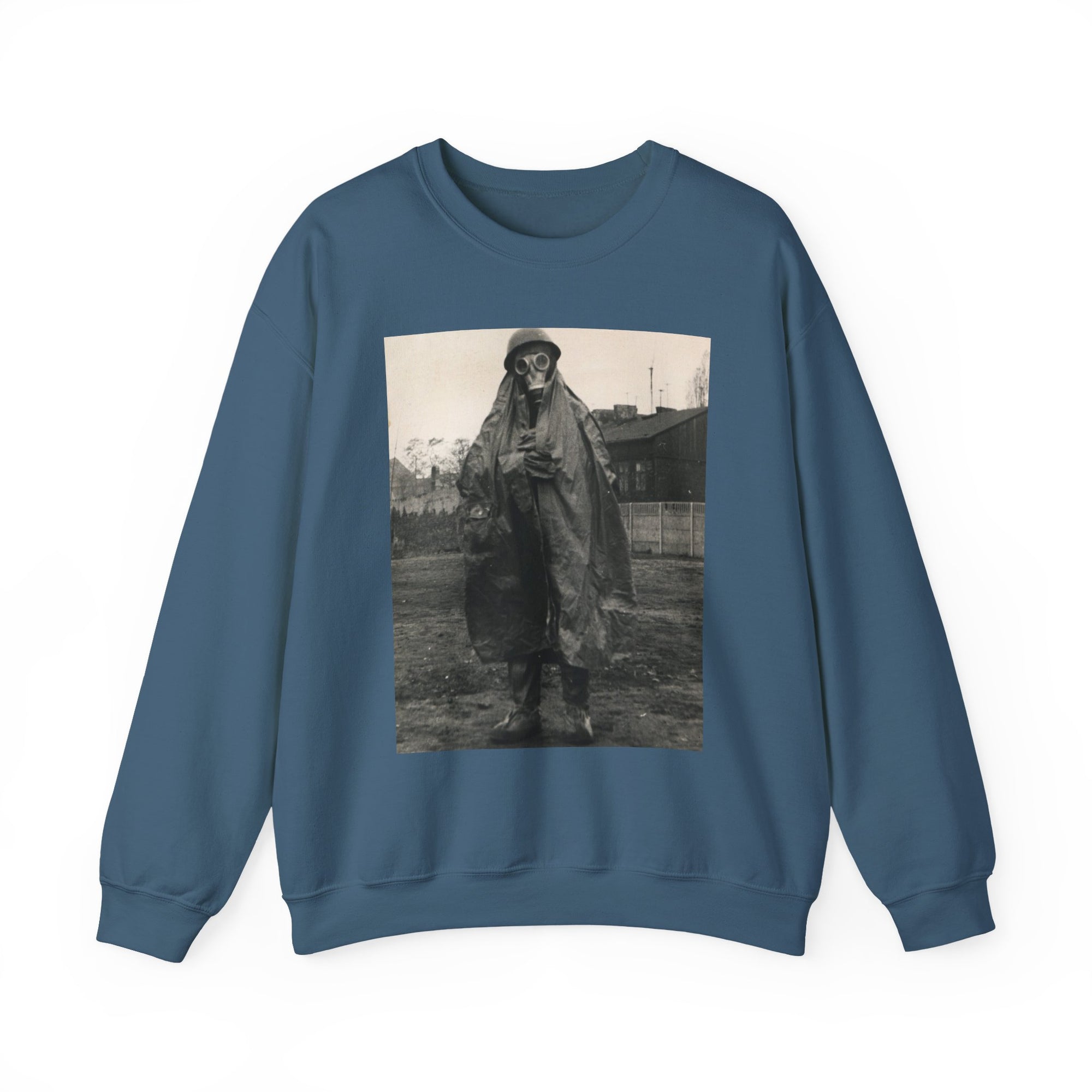 blue sweatshirt with a graphic of a military guy  in a raincoat and gas mask