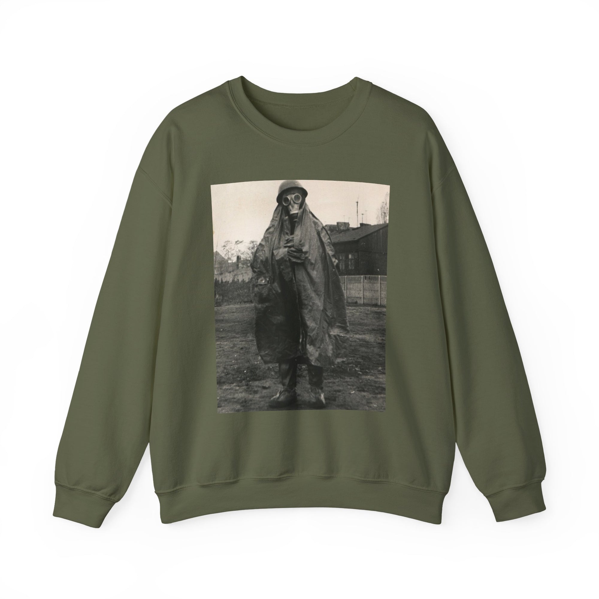 green sweatshirt with a graphic of a military guy  in a raincoat and gas mask