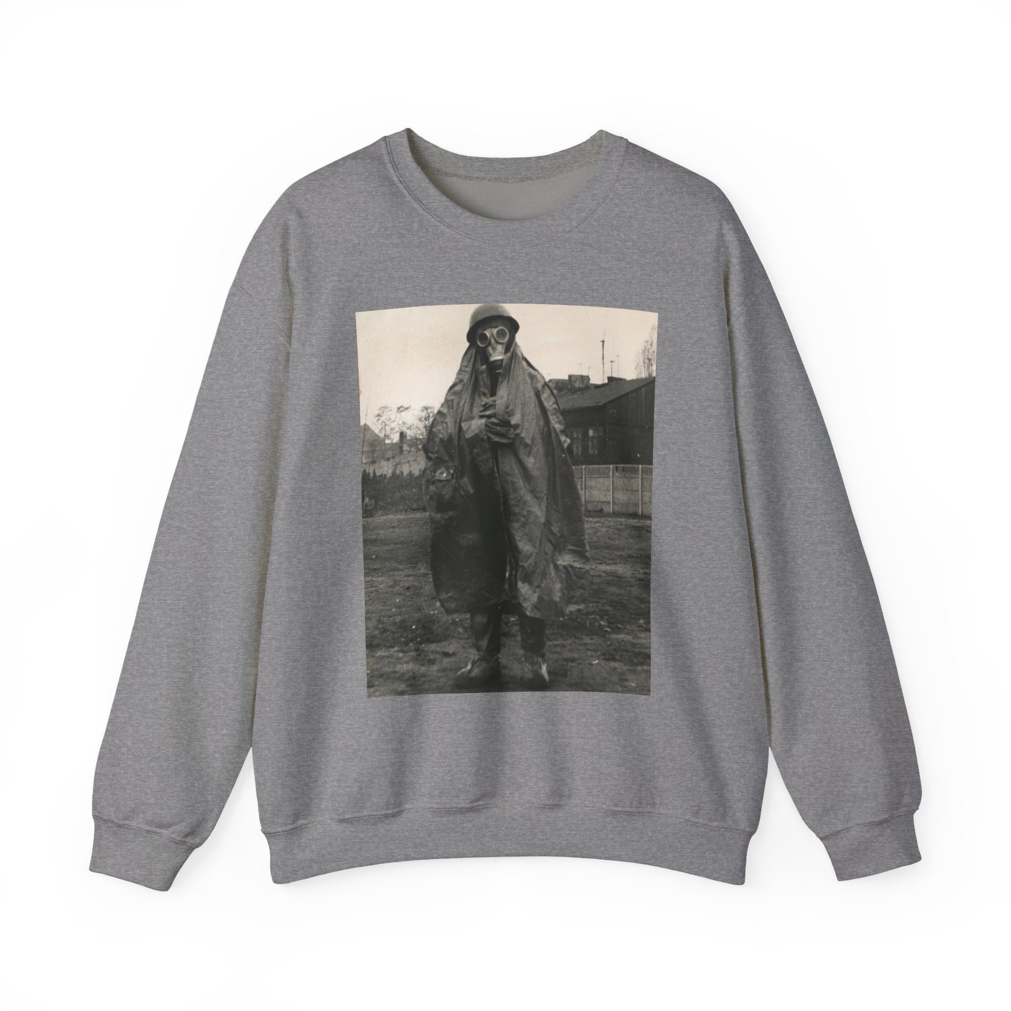 grey sweatshirt with a graphic of a military guy  in a raincoat and gas mask