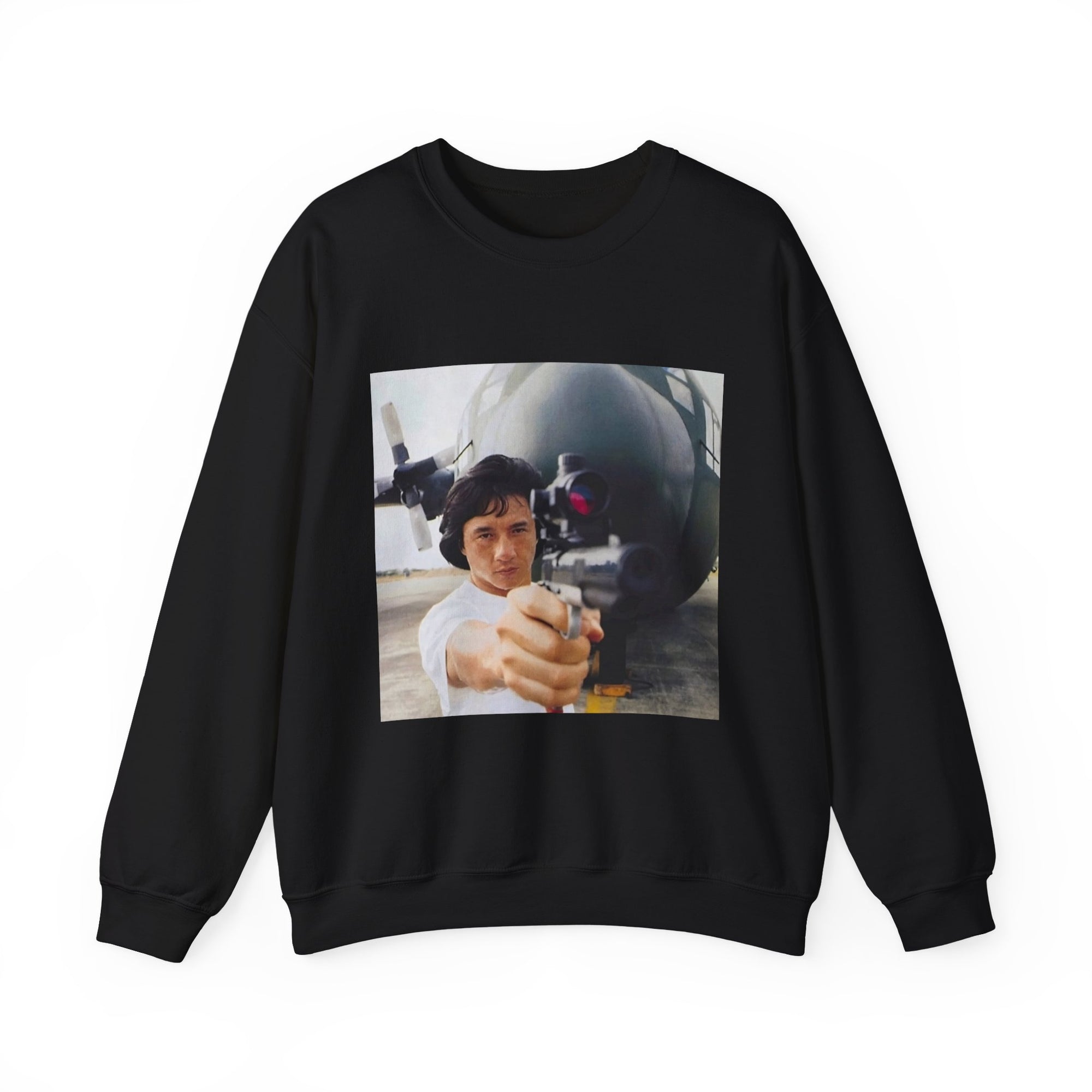 black sweatshirt with a graphic of a jackie chan holding a weapon in front of an airplane