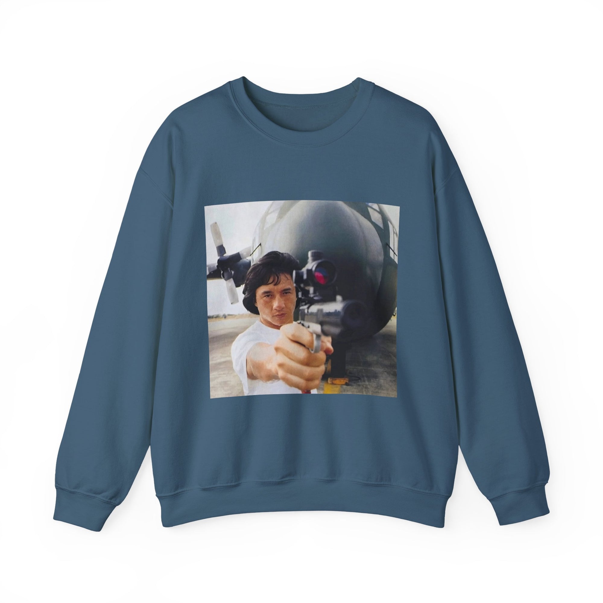 blue sweatshirt with a graphic of a jackie chan holding a weapon in front of an airplane