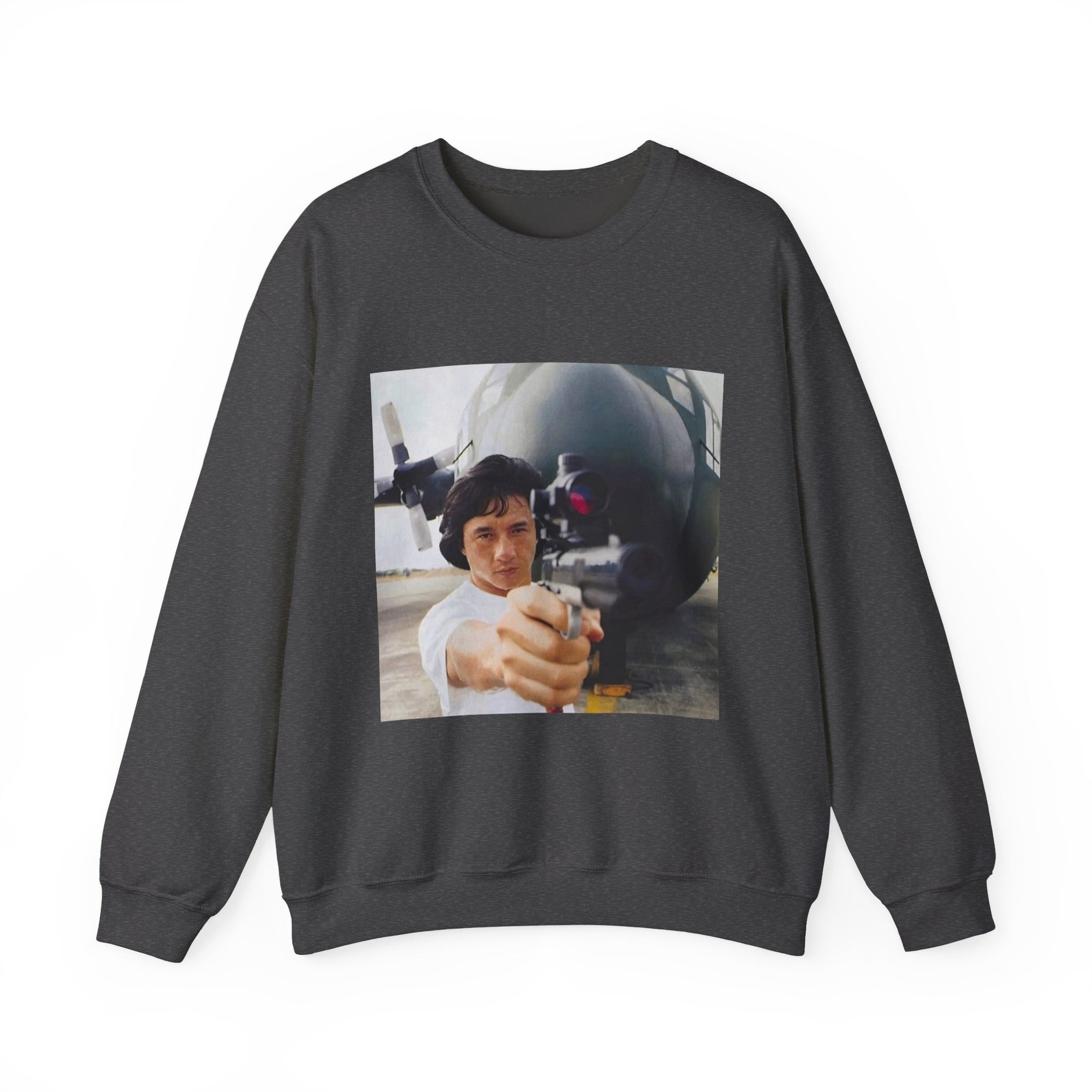 gray sweatshirt with a graphic of a jackie chan holding a weapon in front of an airplane
